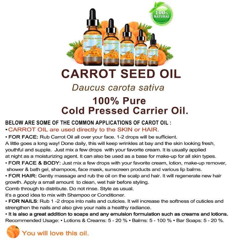 Botanical Beauty Carrot Seed Oil – 100% Natural Cold-Pressed Carrier Oil, 4 Fl Oz