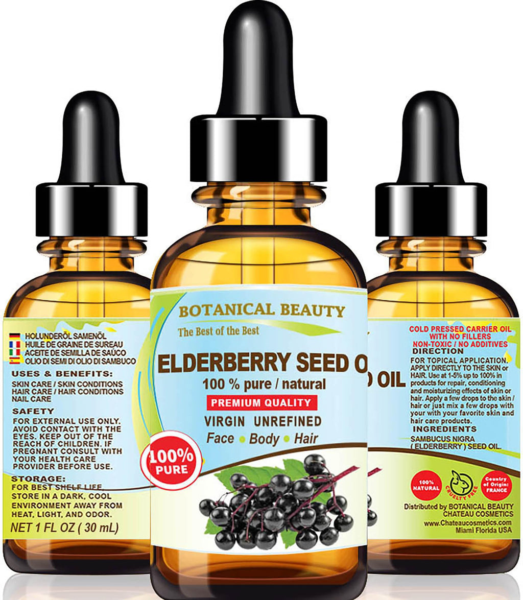 Botanical Beauty Belgian Elderberry Seed Oil – 100% Pure, Cold-Pressed Carrier Oil (1 oz) for Face, Skin & Hair