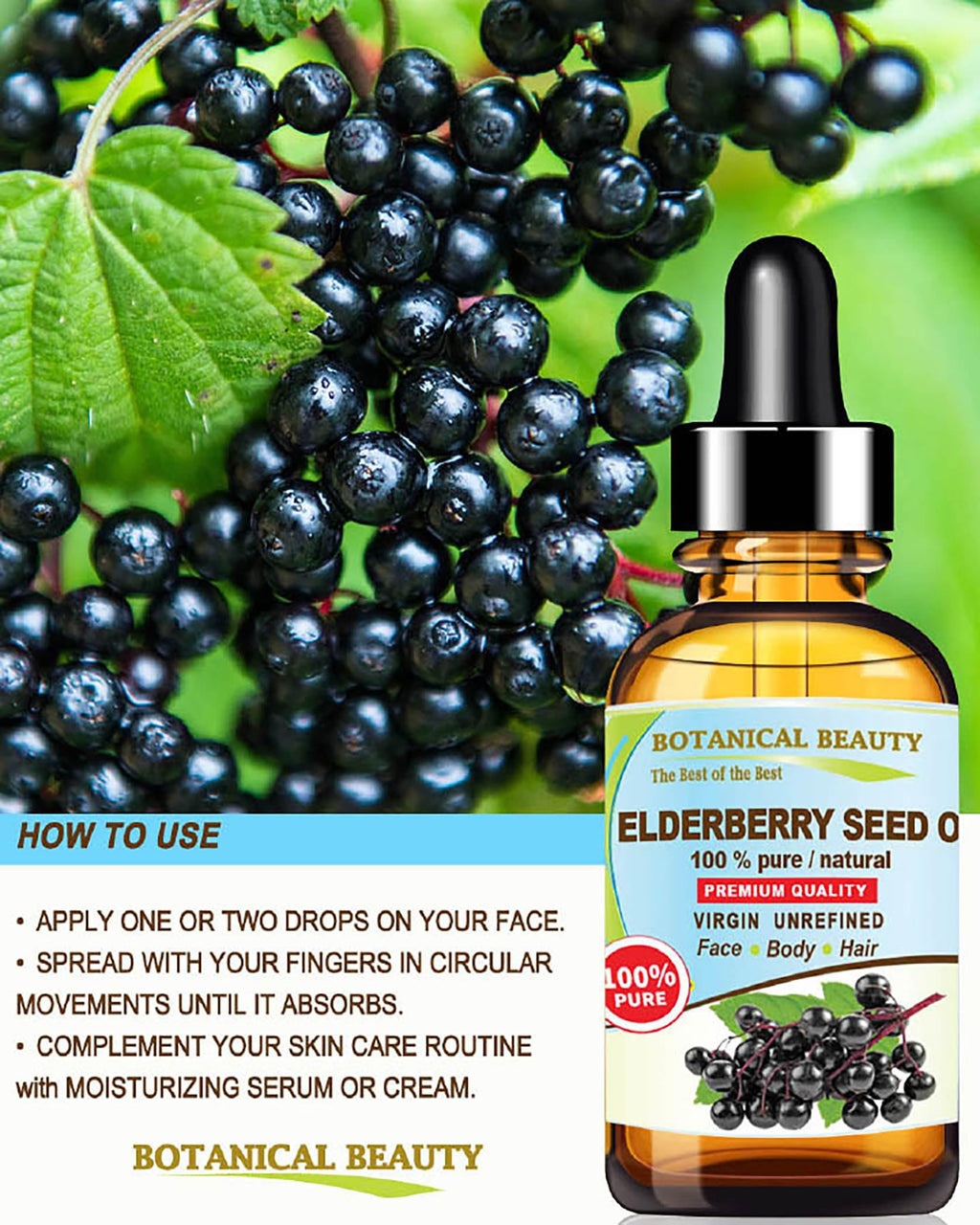 Botanical Beauty Belgian Elderberry Seed Oil – 100% Pure, Cold-Pressed Carrier Oil (1 oz) for Face, Skin & Hair