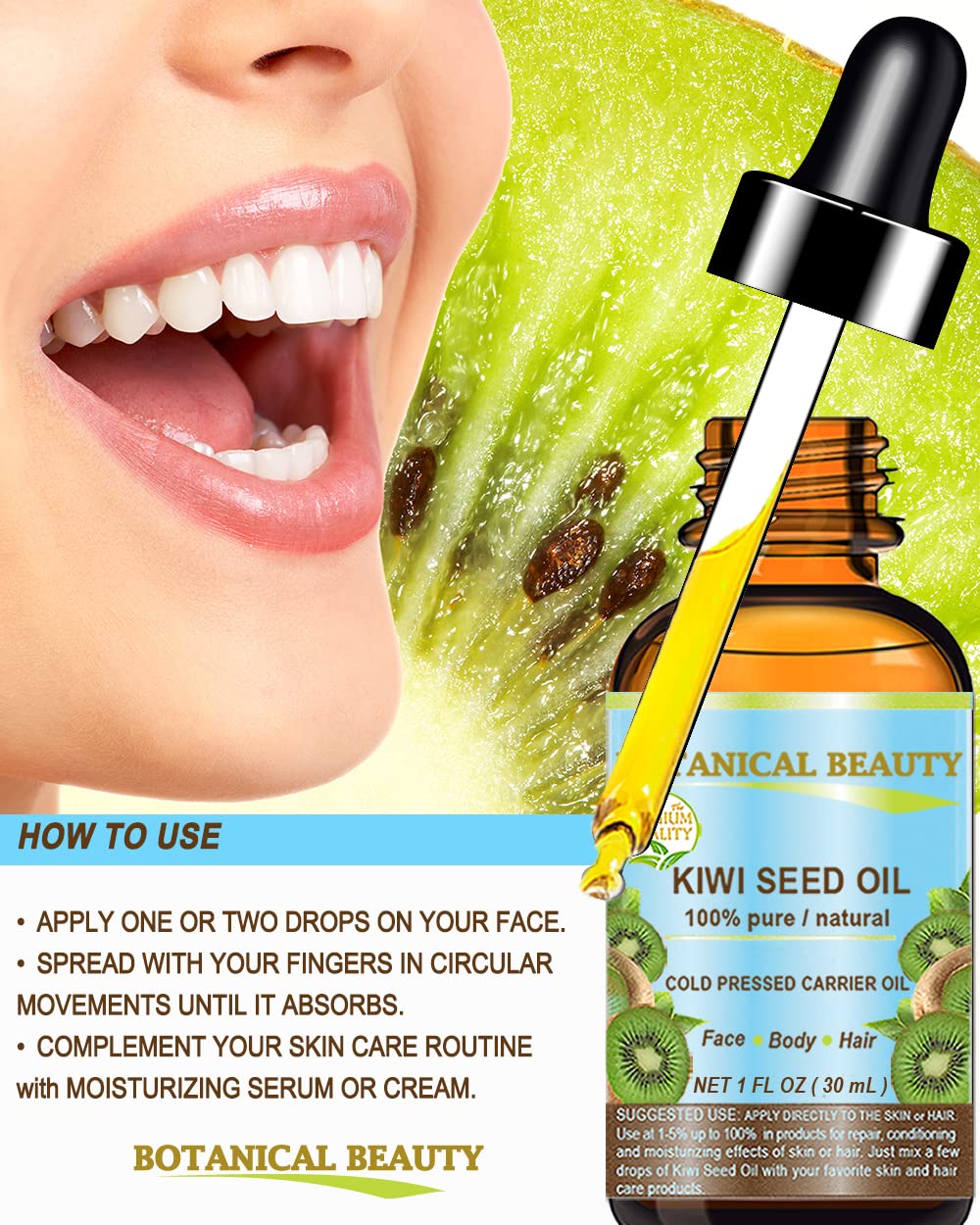 Botanical Beauty Kiwi Seed Oil – 100% Pure Cold-Pressed Carrier Oil for Face, Skin, Hair (2 Fl Oz)