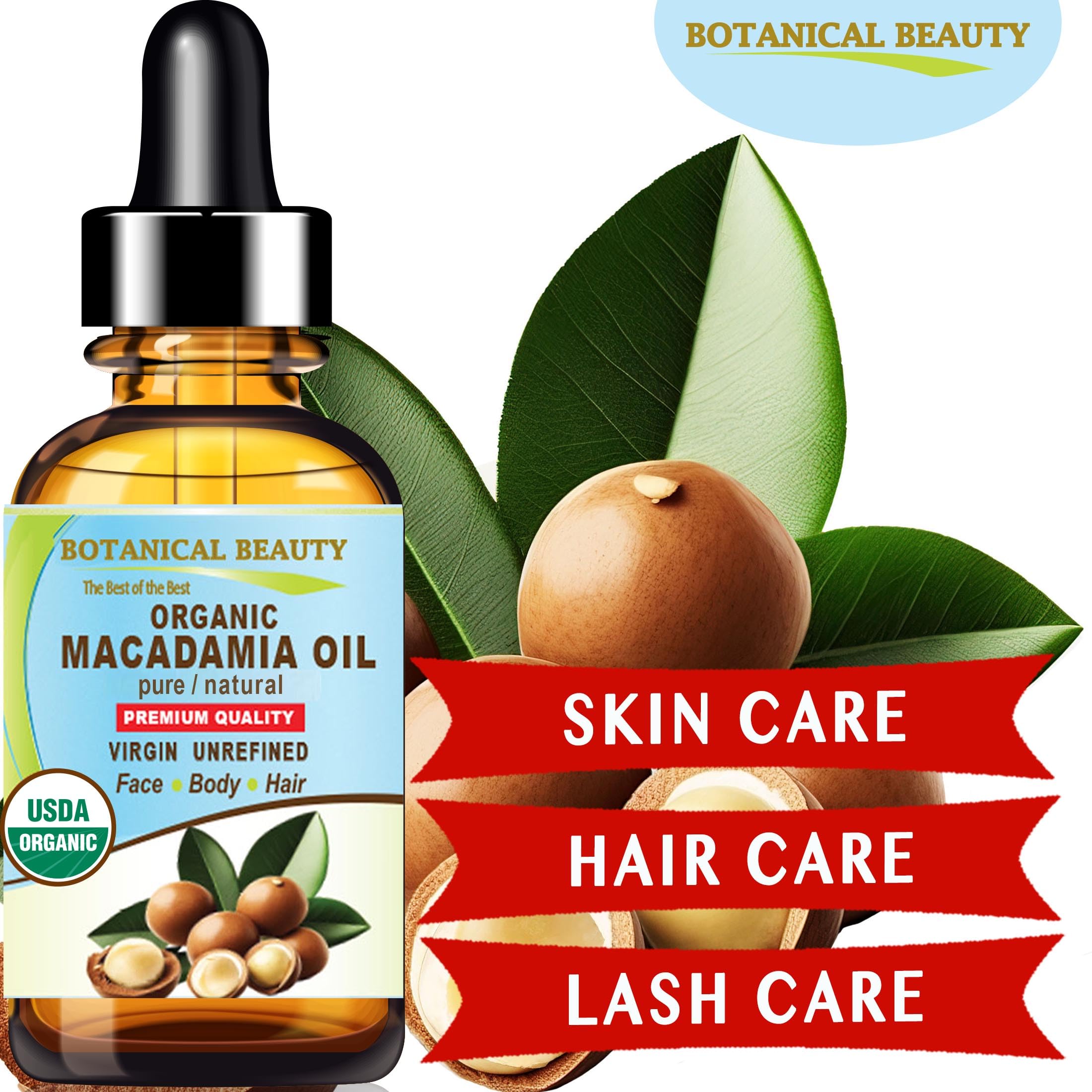 Botanical Beauty Organic Macadamia Oil – 100% Pure Virgin Cold-Pressed Carrier Oil (4 oz)