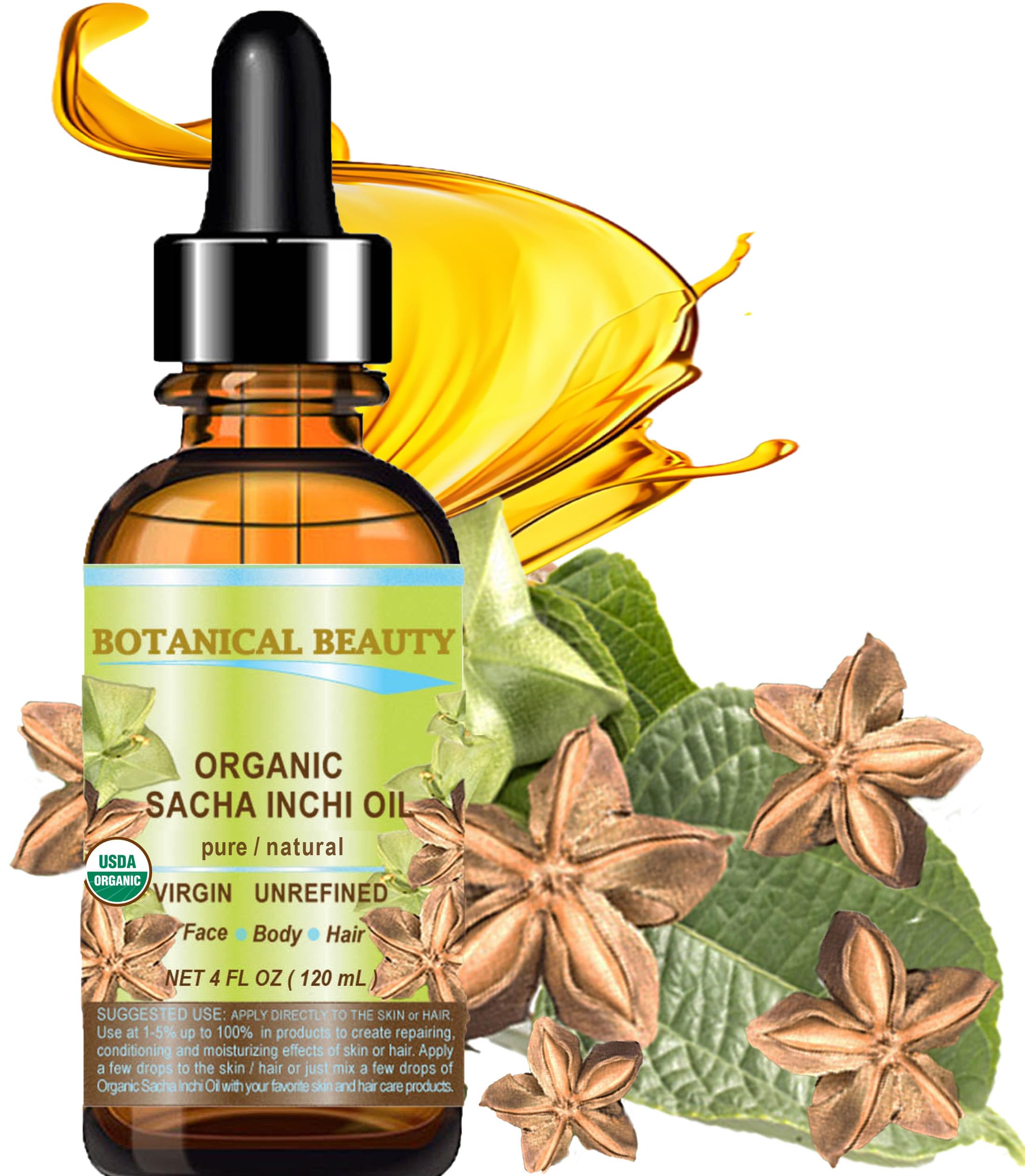 Botanical Beauty Organic Sacha Inchi Oil – 100% Pure Cold-Pressed Carrier Oil (4 oz / 120 ml)