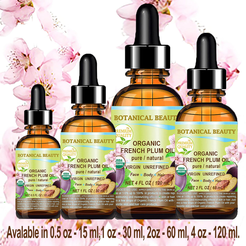 Botanical Beauty Organic French Plum Oil – 100% Pure Virgin Cold-Pressed Carrier Oil (2 fl oz) for Face, Skin, Hair