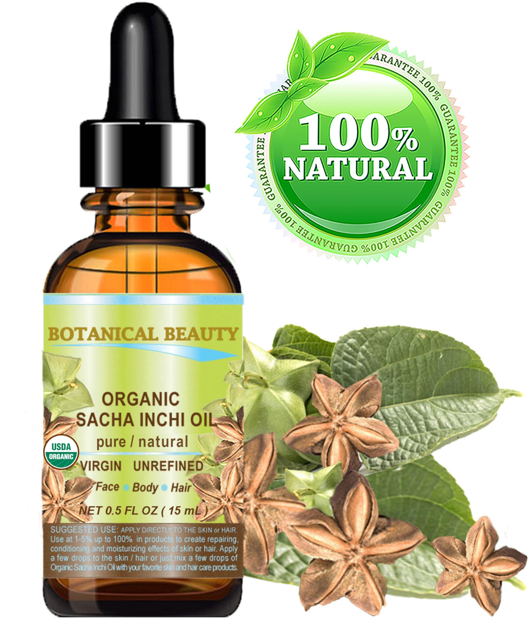 Botanical Beauty Sacha Inchi Oil – 100% Pure Organic Carrier Oil, Cold-Pressed (0.5 fl oz) for Face, Skin & Hair