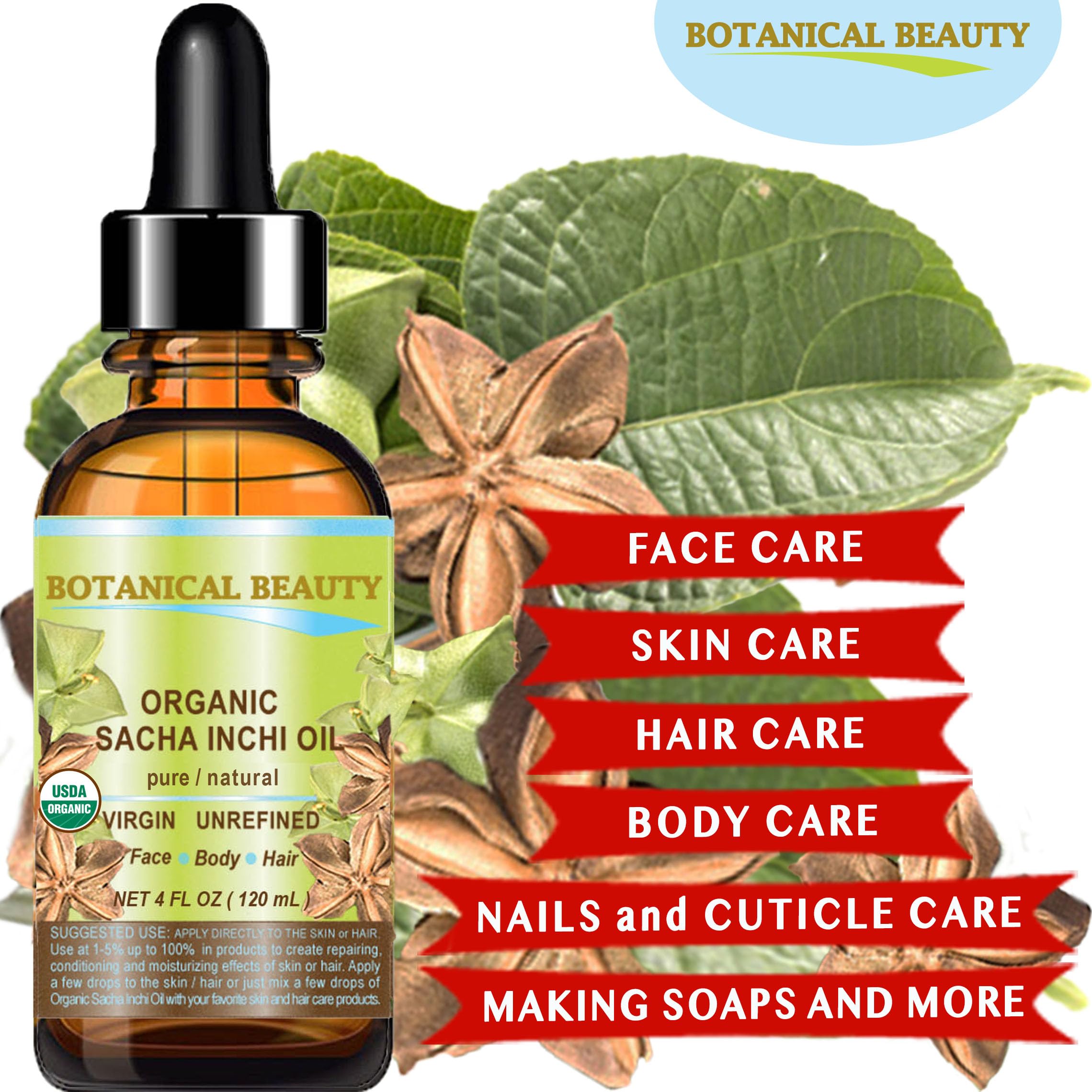 Botanical Beauty Organic Sacha Inchi Oil – 100% Pure Cold-Pressed Carrier Oil (4 oz / 120 ml)