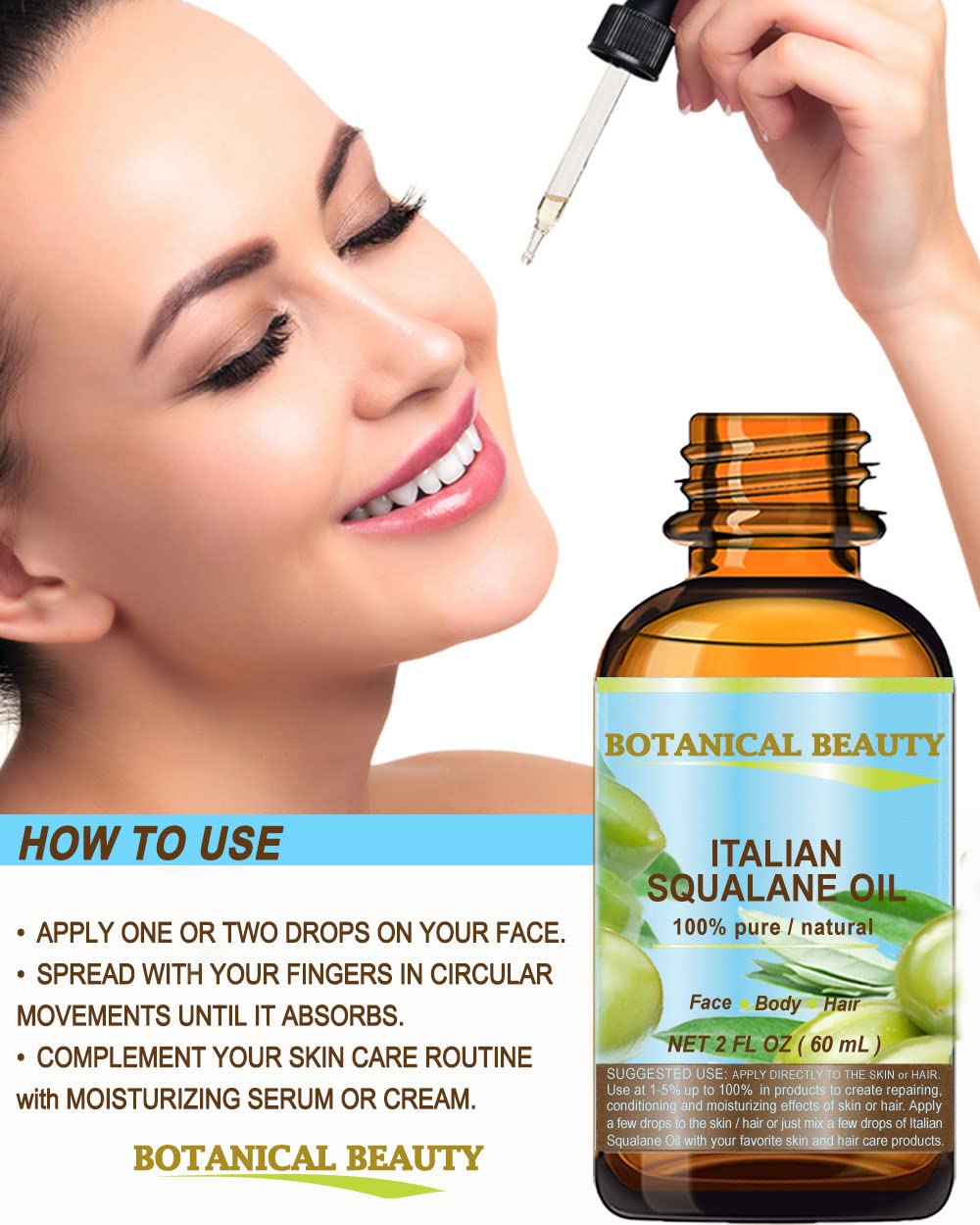 Botanical Beauty Squalane Italian Olive Oil — 100% Pure, Ultra-Pure Moisturizer (1 Fl Oz)