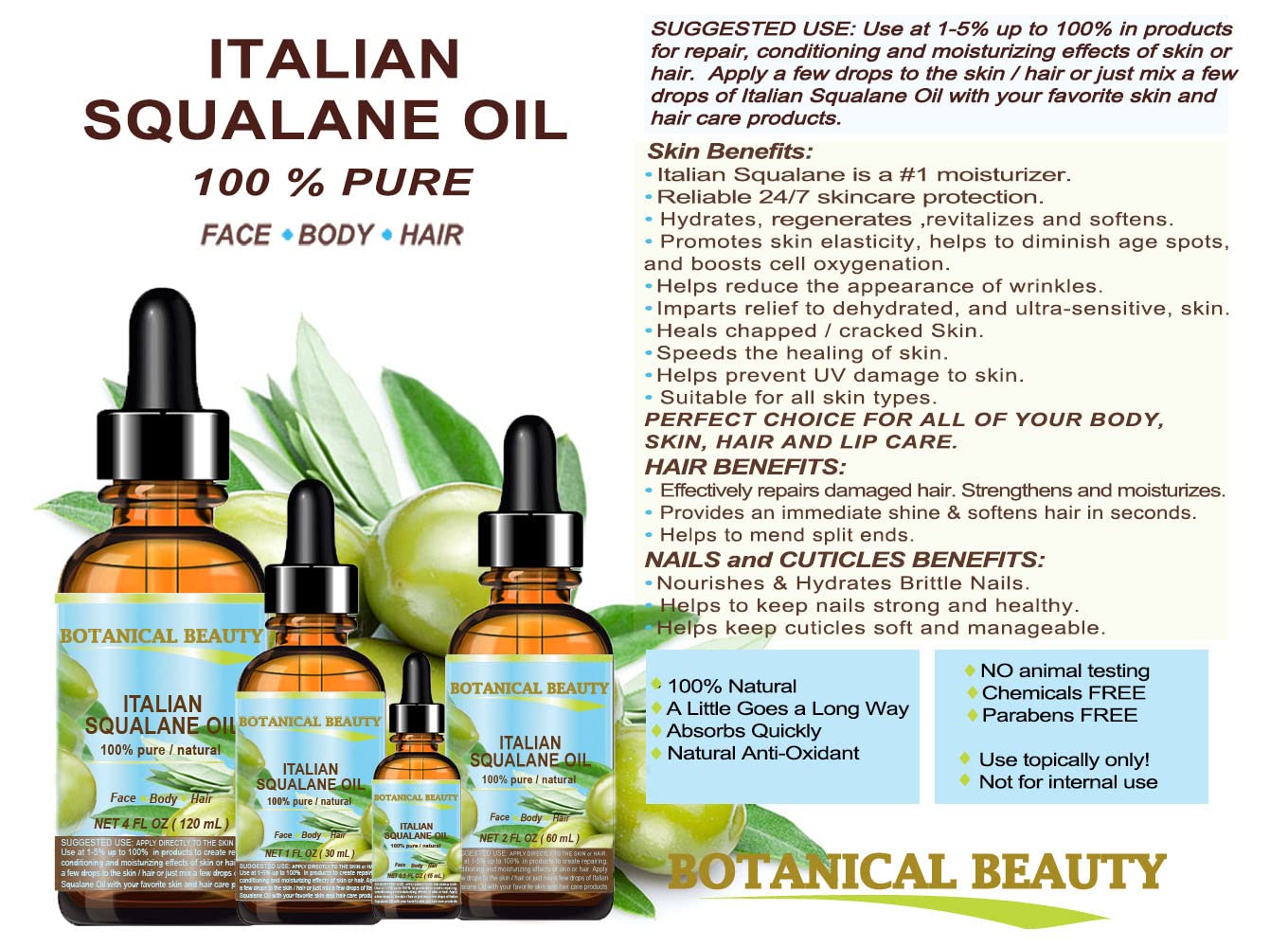 Botanical Beauty Squalane Italian Olive Oil — 100% Pure, Ultra-Pure Moisturizer (1 Fl Oz)