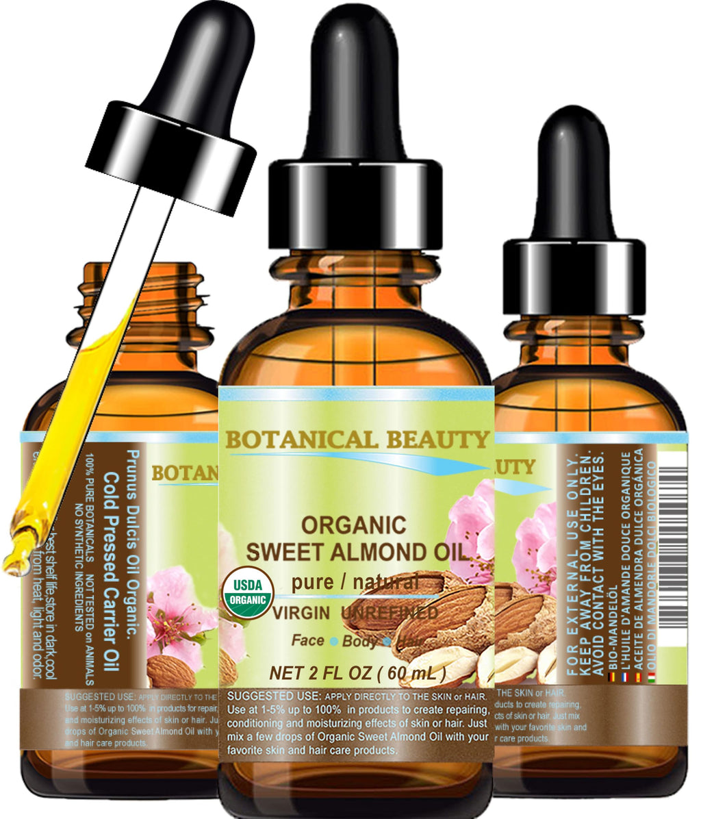 Botanical Beauty Organic Sweet Almond Oil – 100% Pure, Cold-Pressed Carrier Oil, 2 fl oz