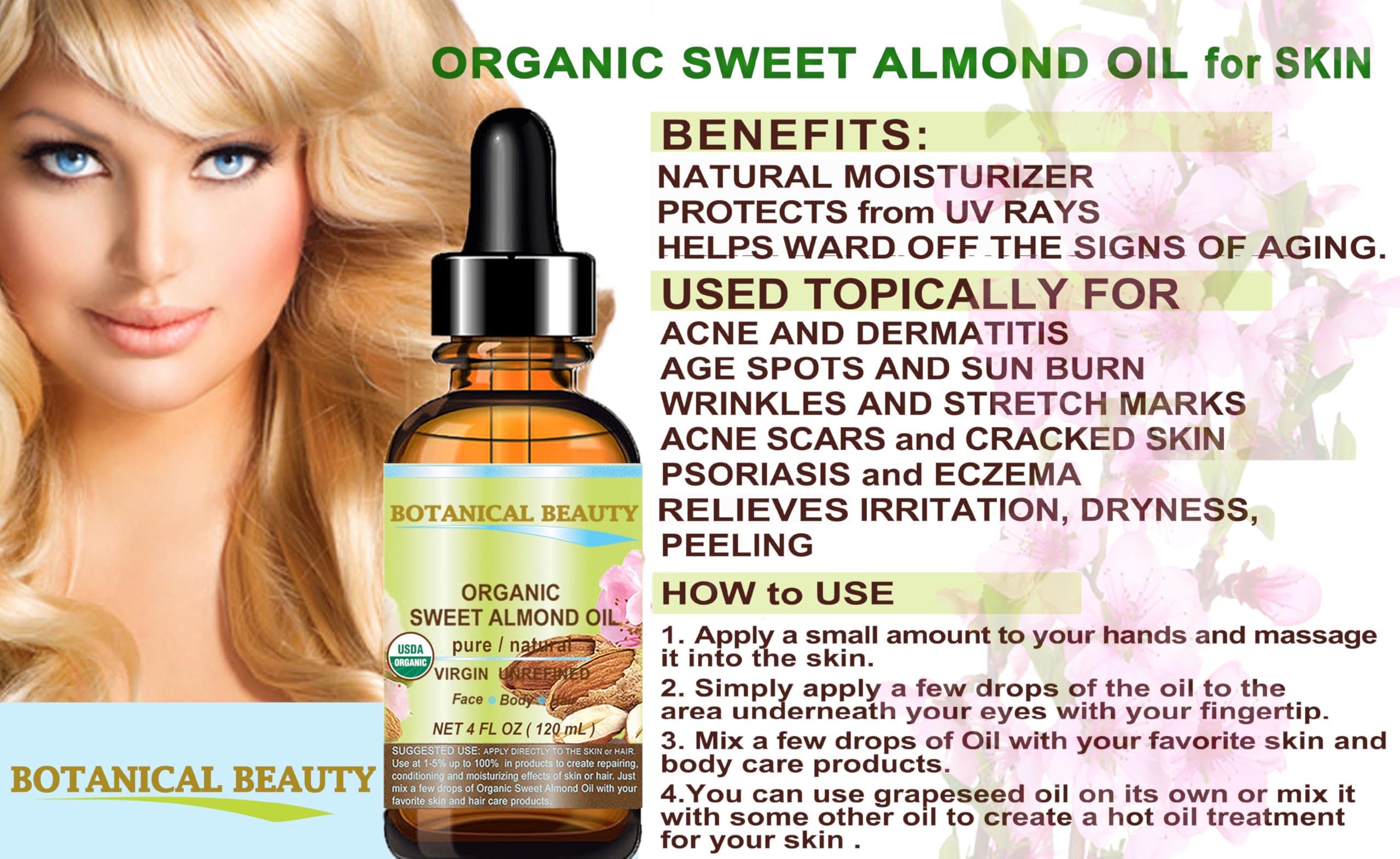Botanical Beauty Organic Sweet Almond Oil – 100% Pure, Cold-Pressed Carrier Oil, 2 fl oz