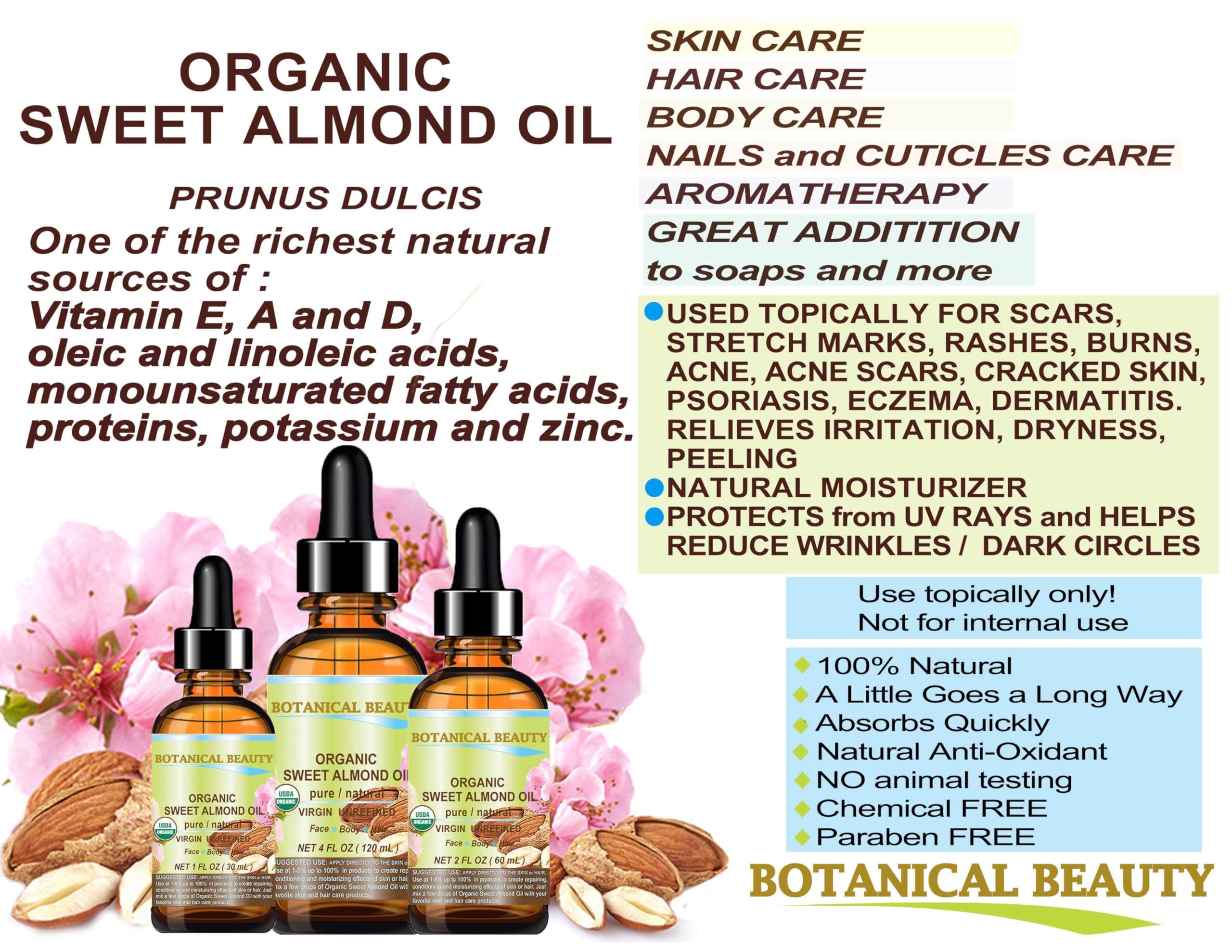 Botanical Beauty Organic Sweet Almond Oil – 100% Pure, Cold-Pressed Carrier Oil, 2 fl oz