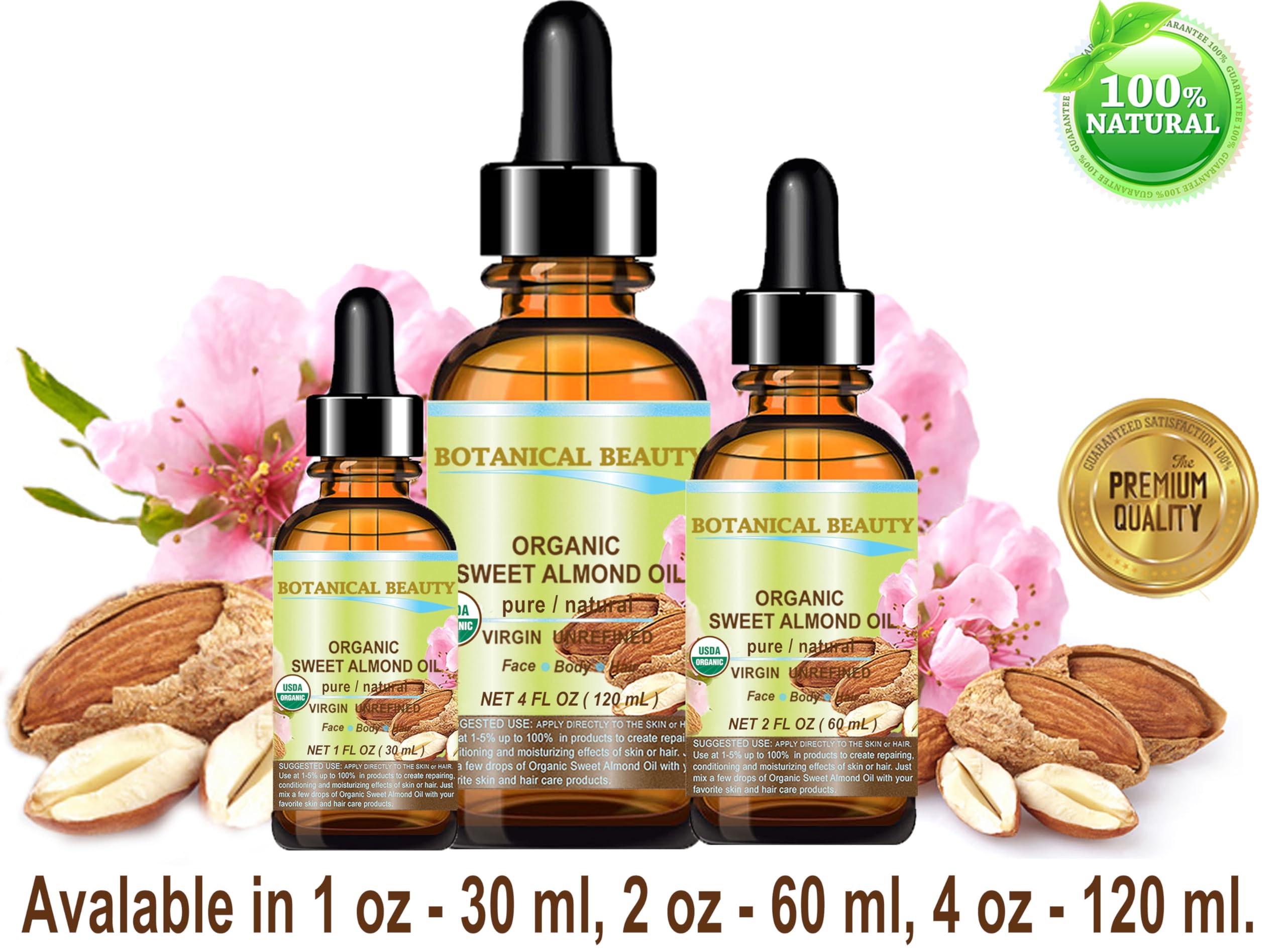 Botanical Beauty Organic Sweet Almond Oil – 100% Pure, Cold-Pressed Carrier Oil, 2 fl oz