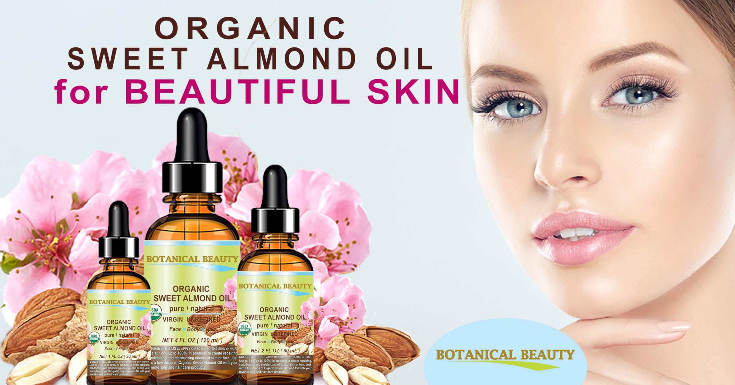 Botanical Beauty Organic Sweet Almond Oil – 100% Pure, Cold-Pressed Carrier Oil, 2 fl oz