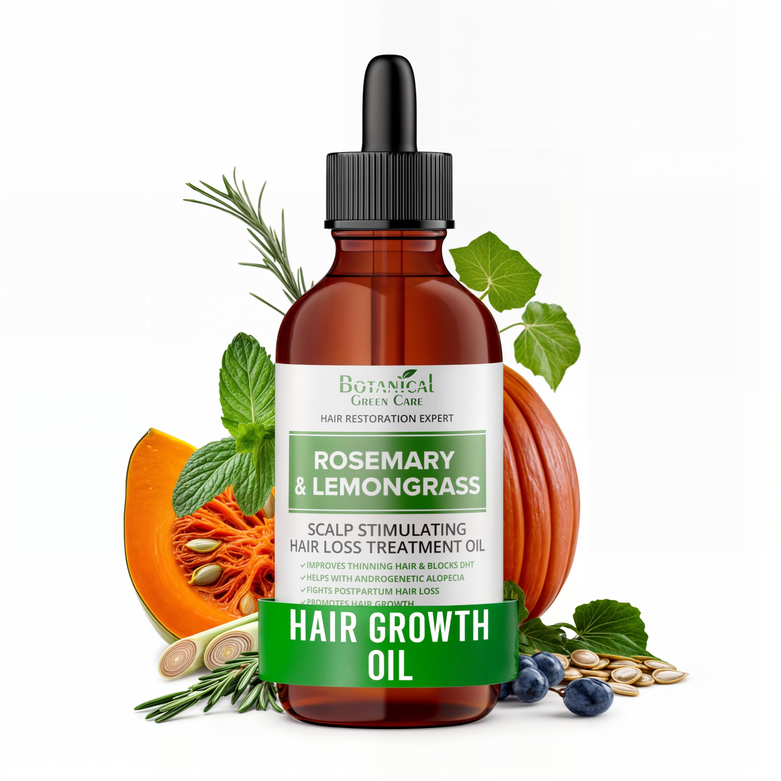 Botanical Green Care Rosemary & Lemongrass Hair Oil – Hair Growth Serum, Made in USA