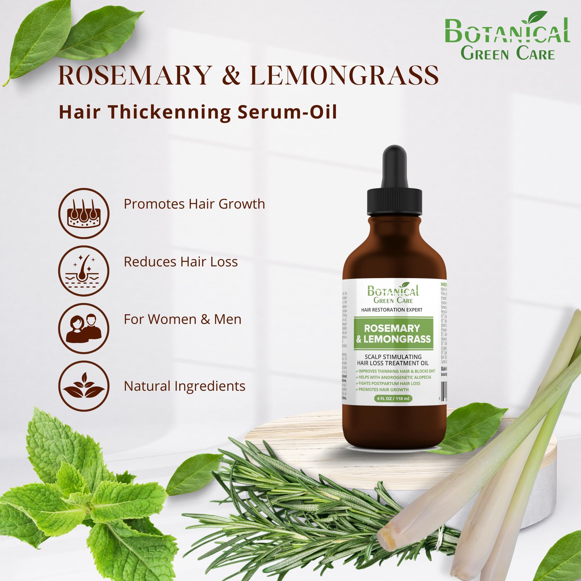 Botanical Green Care Rosemary & Lemongrass Hair Oil – Hair Growth Serum, Made in USA
