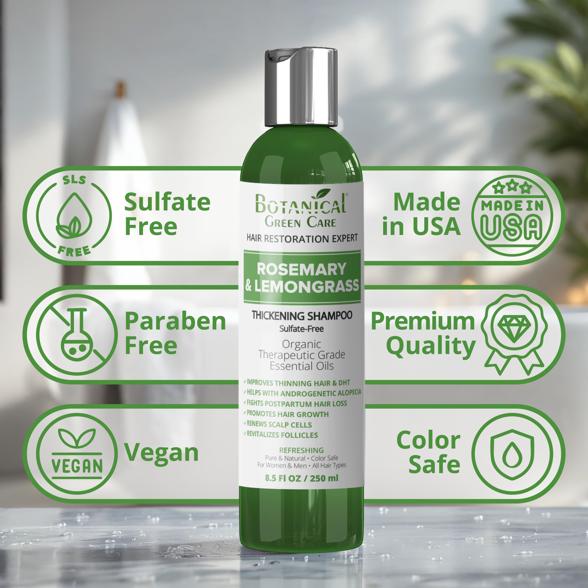 Botanical Green Care Rosemary & Lemongrass Shampoo – Hair Growth & Thickening, USA Made