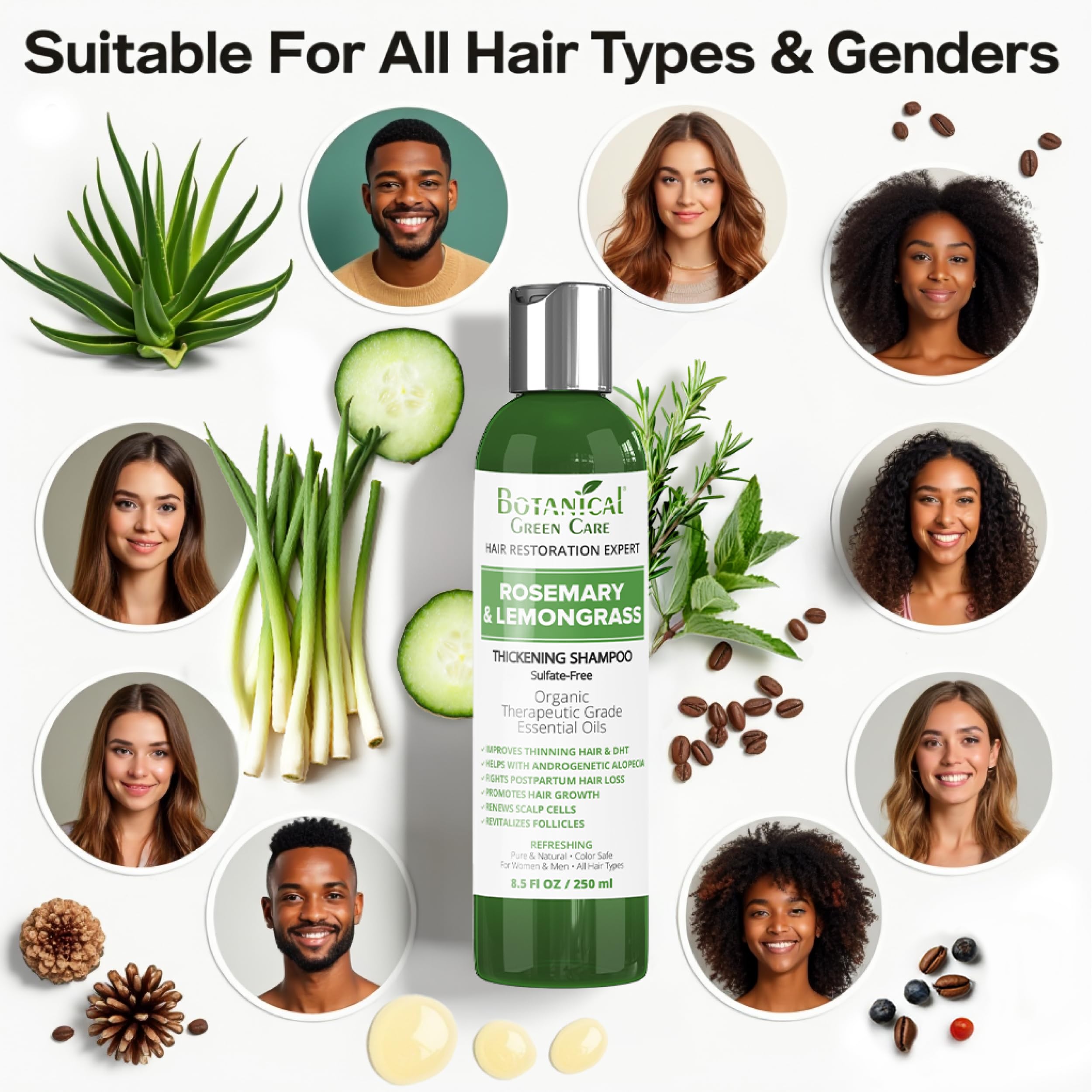 Botanical Green Care Rosemary & Lemongrass Shampoo – Hair Growth & Thickening, USA Made