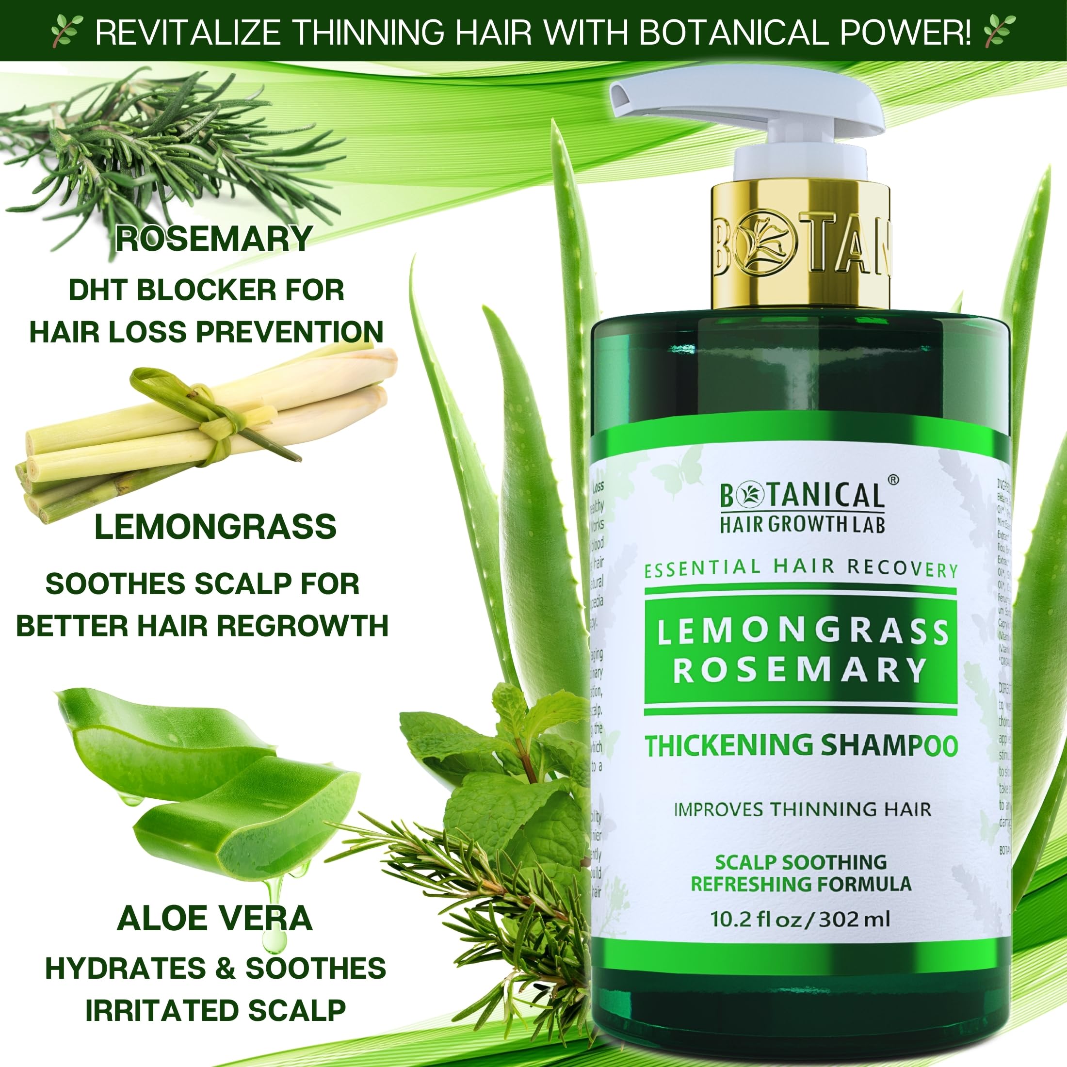 BOTANICAL HAIR GROWTH LAB Rosemary Shampoo with Saw Palmetto – Thickening & Scalp Stimulation, 10.2 oz