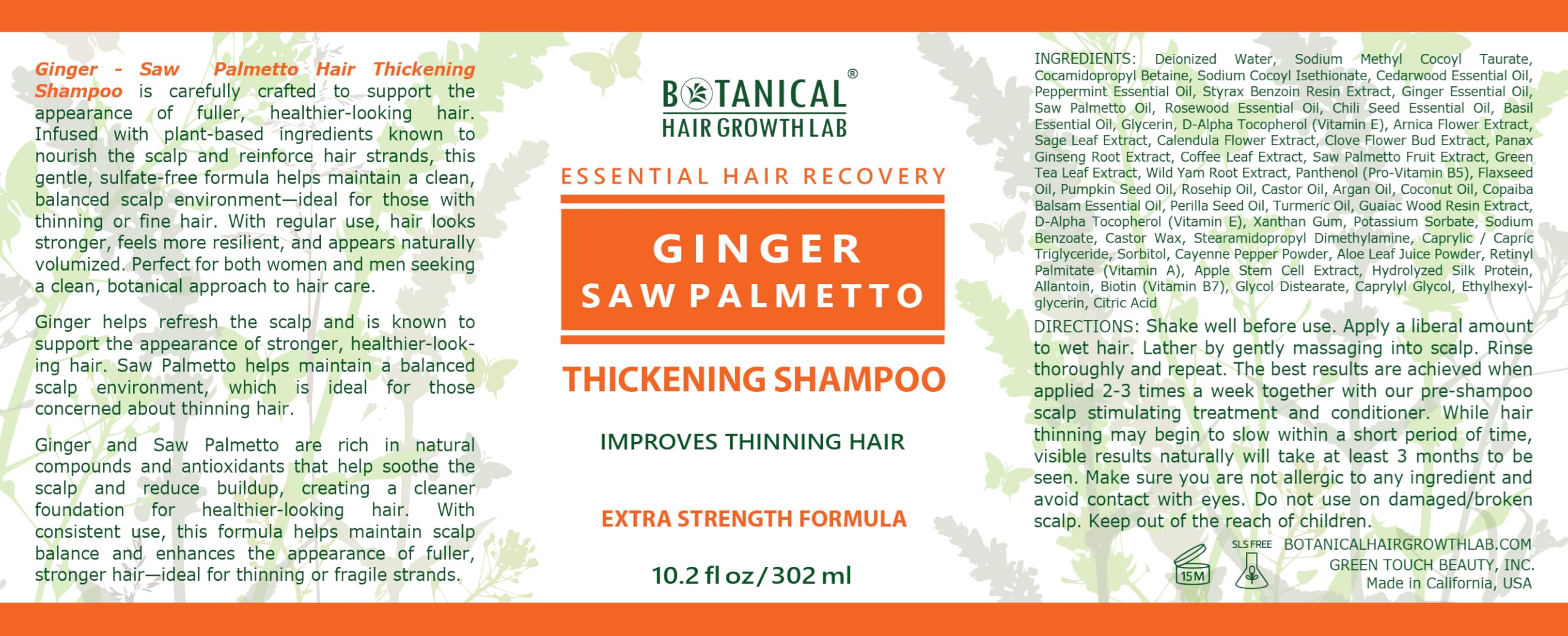 Botanical Hair Growth Shampoo with Ginger & Saw Palmetto – Thickening & Scalp Stimulation (10.2 fl oz) | BOTANICAL HAIR GROWTH LAB