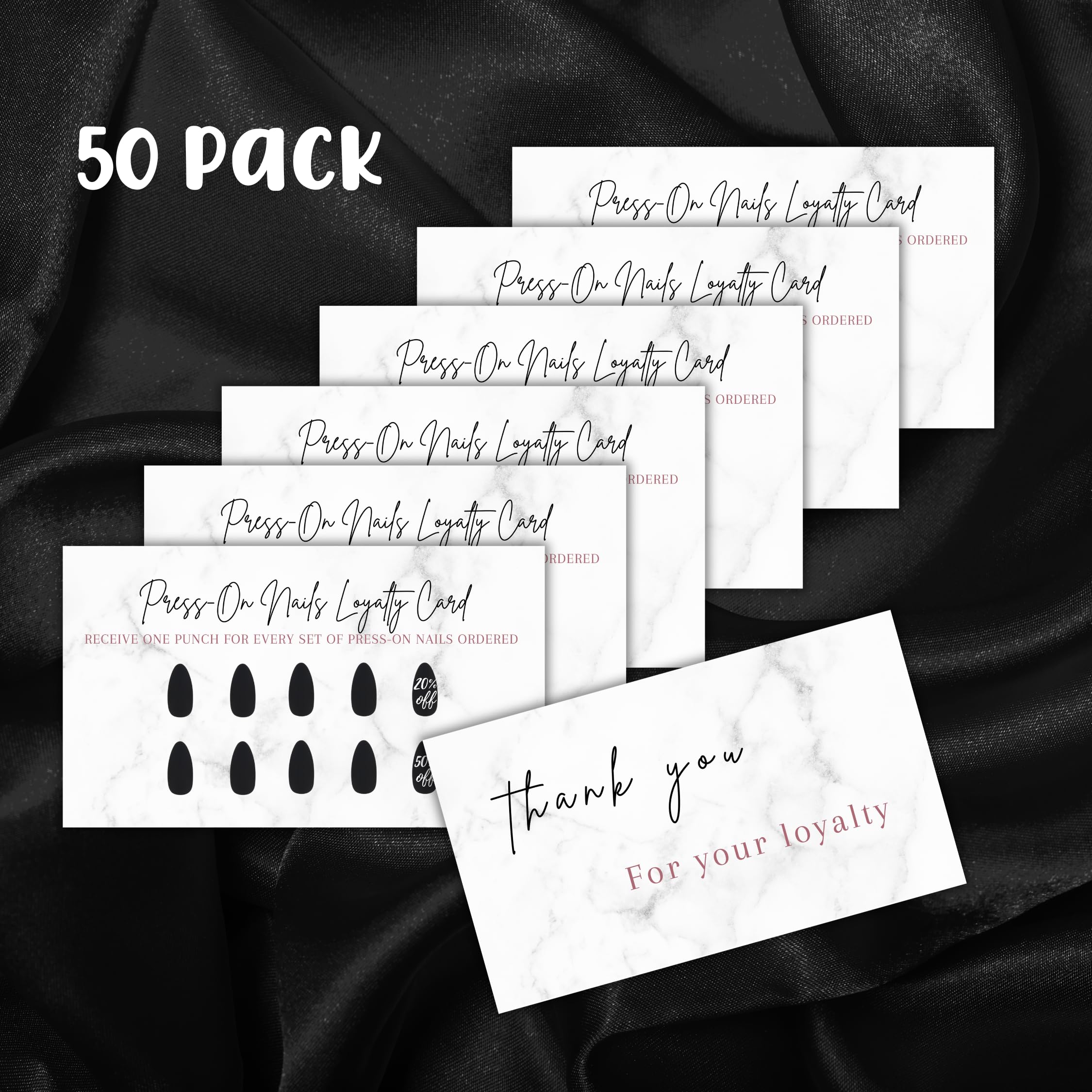 Boutique Marketing LLC Press-On Nail Loyalty Cards – 50 Pack | 2x3.5-inch Front/Back Marble Black Design