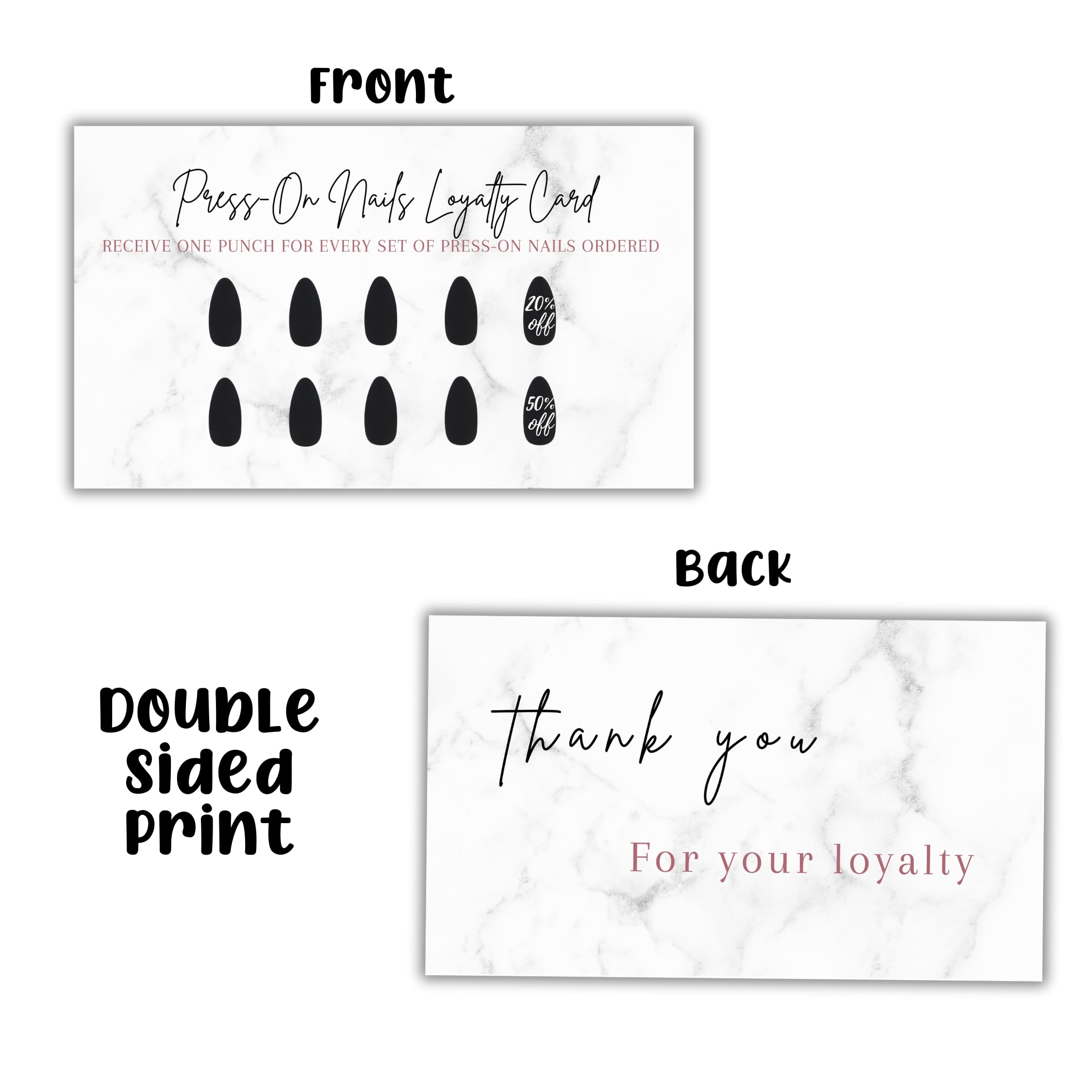 Boutique Marketing LLC Press-On Nail Loyalty Cards – 50 Pack | 2x3.5-inch Front/Back Marble Black Design