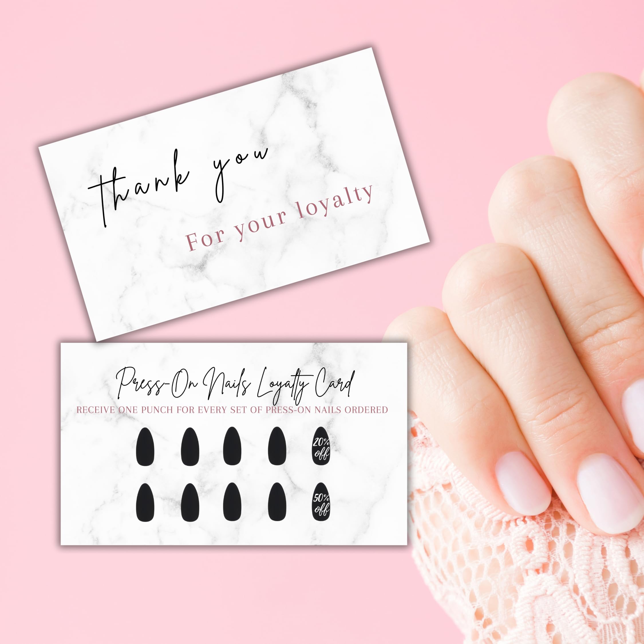 Boutique Marketing LLC Press-On Nail Loyalty Cards – 50 Pack | 2x3.5-inch Front/Back Marble Black Design