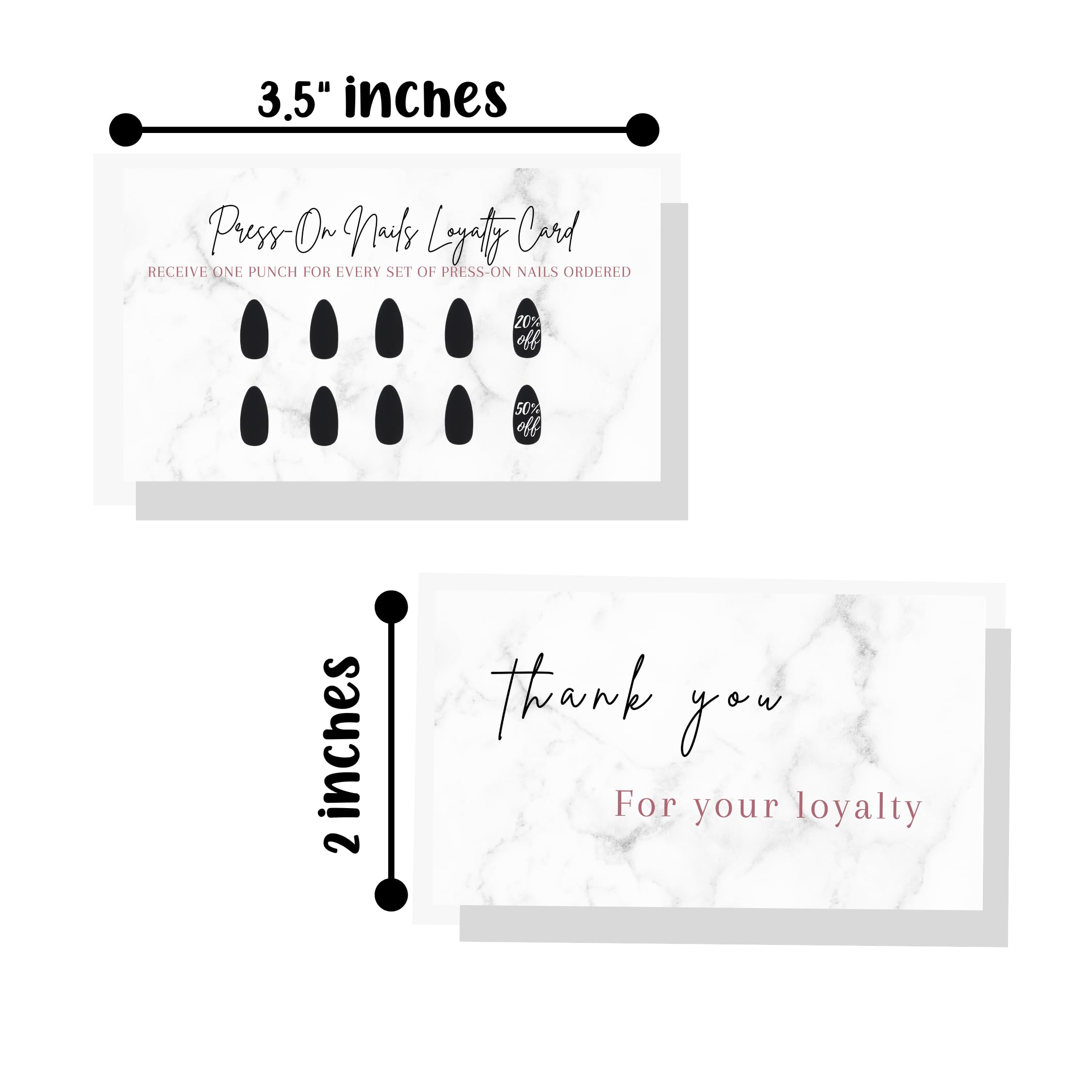 Boutique Marketing LLC Press-On Nail Loyalty Cards – 50 Pack | 2x3.5-inch Front/Back Marble Black Design