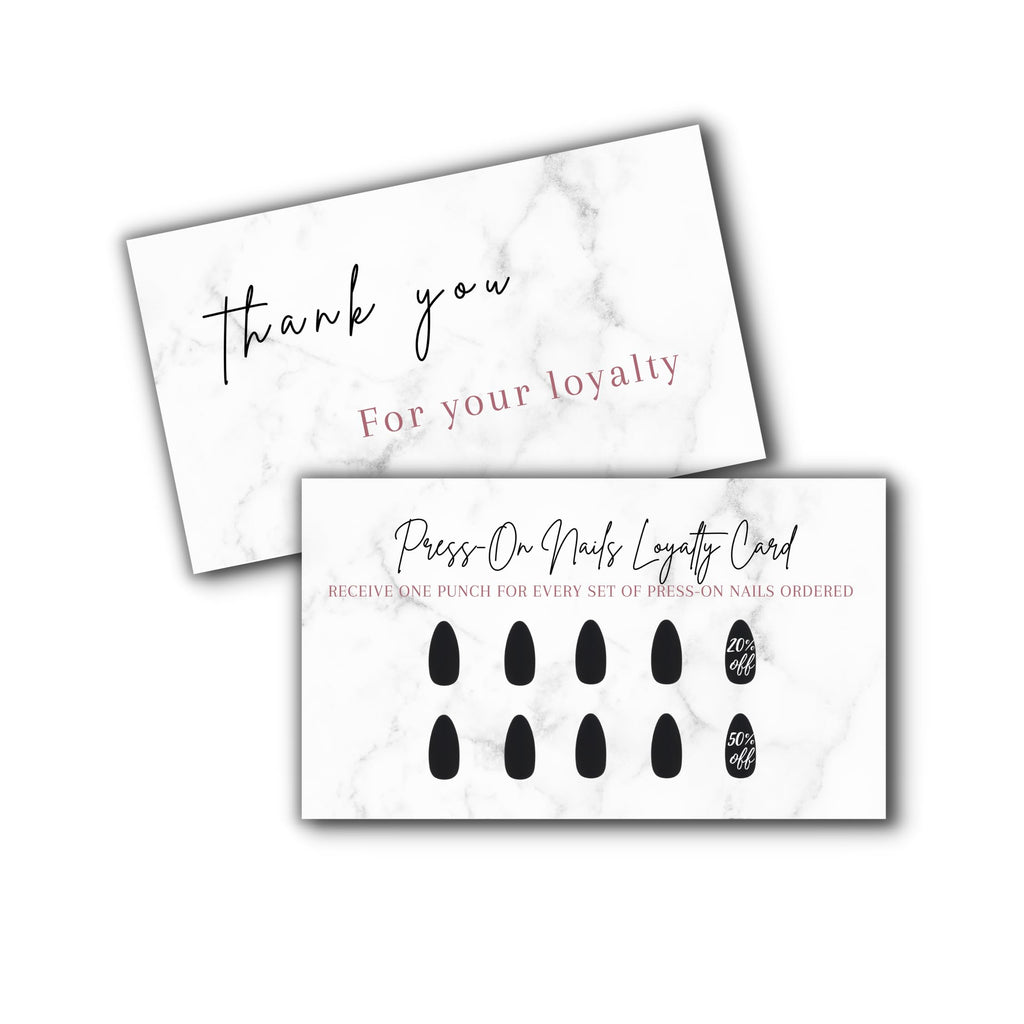 Boutique Marketing LLC Press-On Nail Loyalty Cards – 50 Pack | 2x3.5-inch Front/Back Marble Black Design