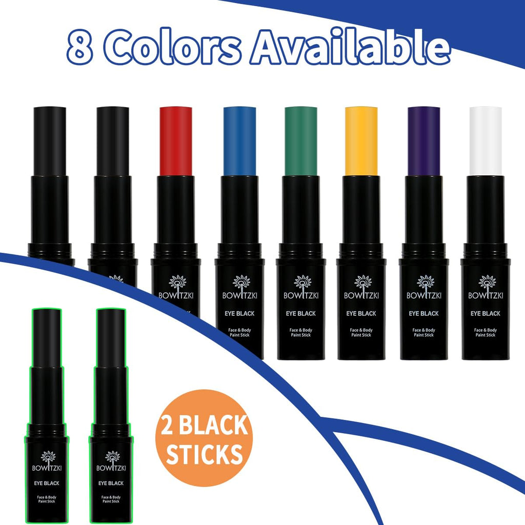 Bowitzki Eye Black Stick — 8-Color Water-Resistant Sports Face Paint Kit