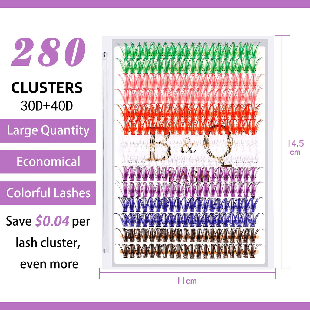B&Qaugen Colored DIY Lash Clusters – 280 Clusters, 40D-D-15mm, 7 Color Mix