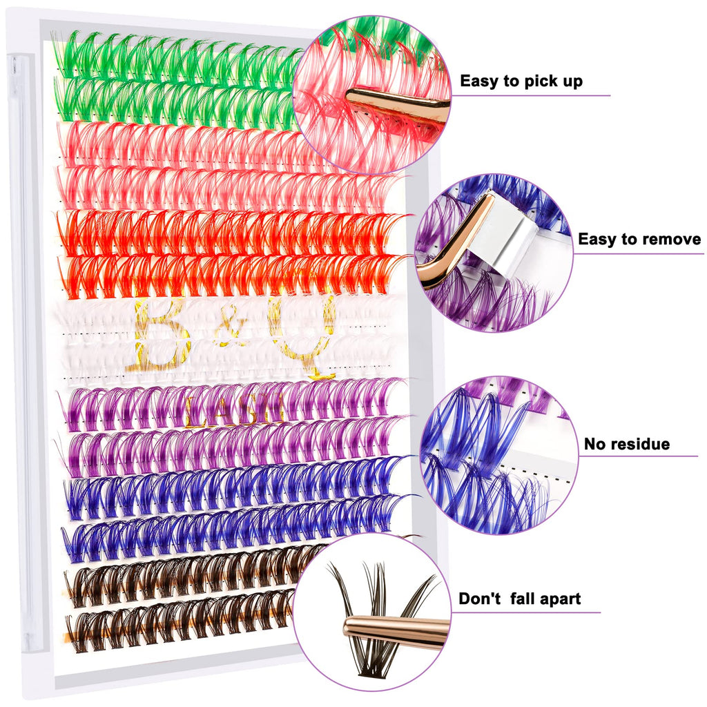 B&Qaugen Colored DIY Lash Clusters – 280 Clusters, 40D-D-15mm, 7 Color Mix
