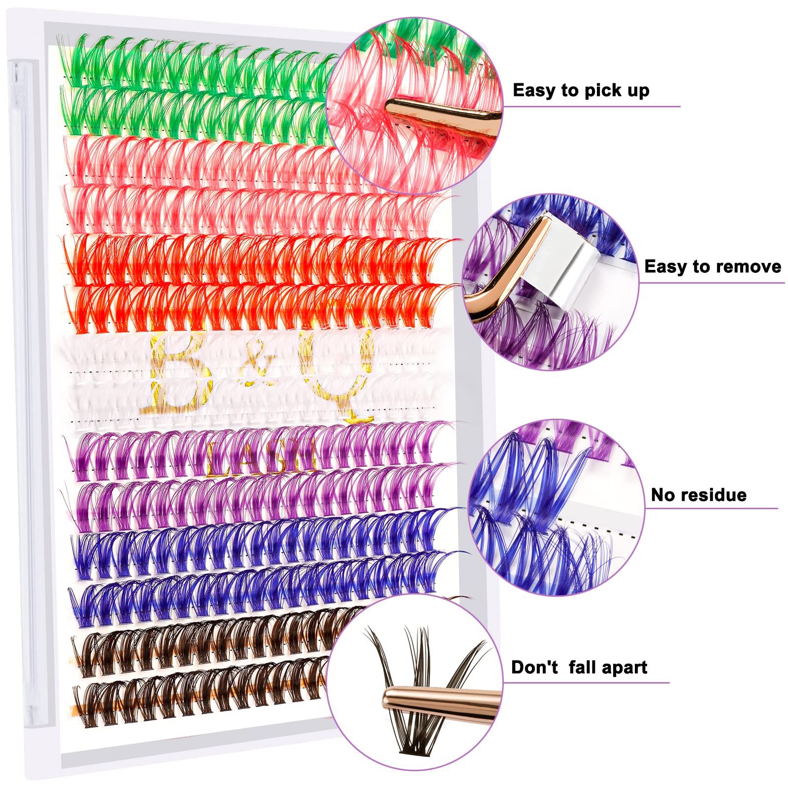 B&Qaugen Colored DIY Lash Clusters – 280 Clusters, 40D-D-15mm, 7 Color Mix