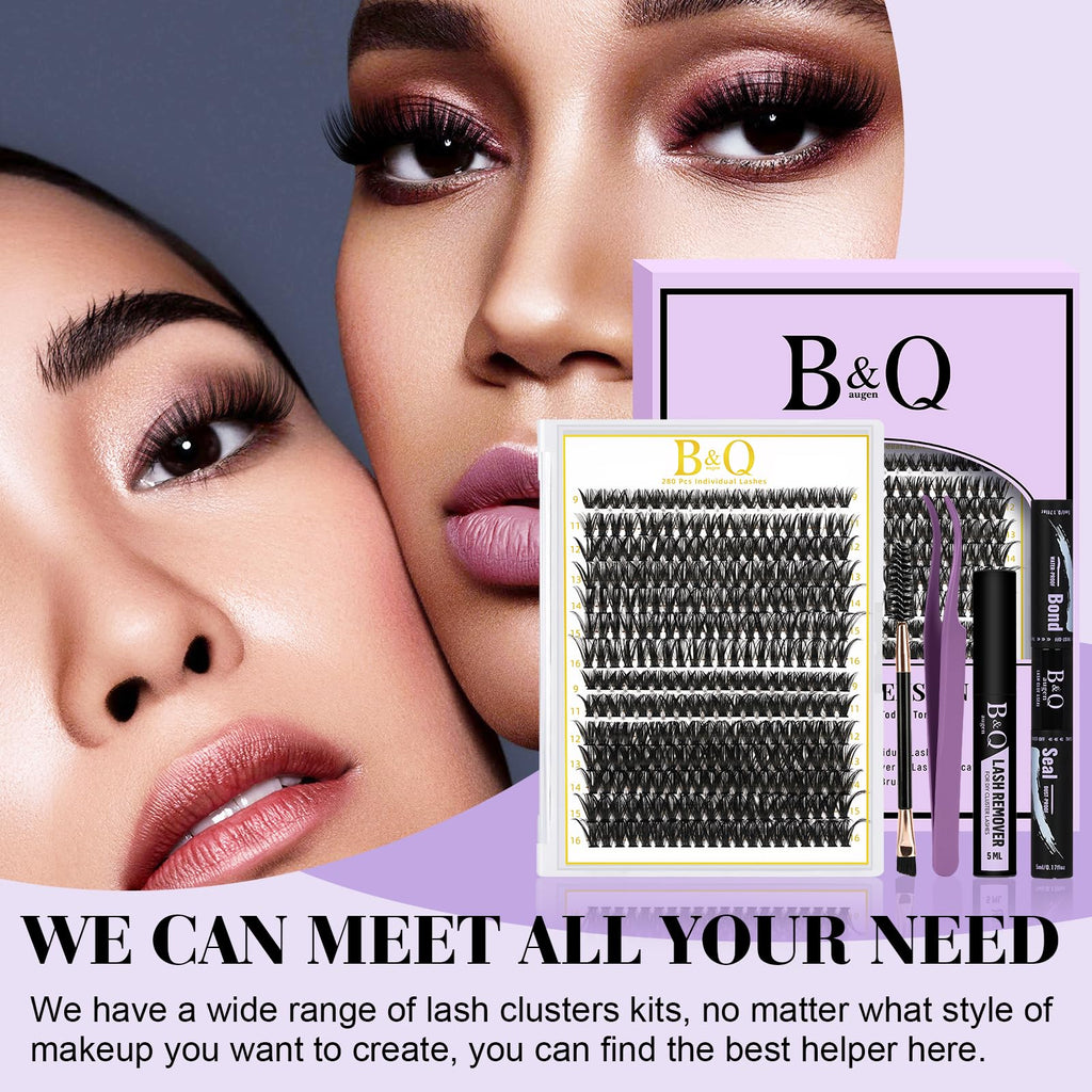 BQaugen Lash Clusters Kit – 280PCS DIY Eyelash Extensions (40D+50D) with Bond, Seal & Remover