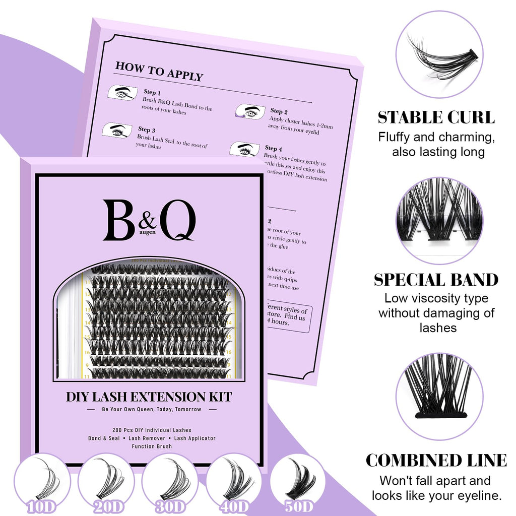 BQaugen Lash Clusters Kit – 280PCS DIY Eyelash Extensions (40D+50D) with Bond, Seal & Remover
