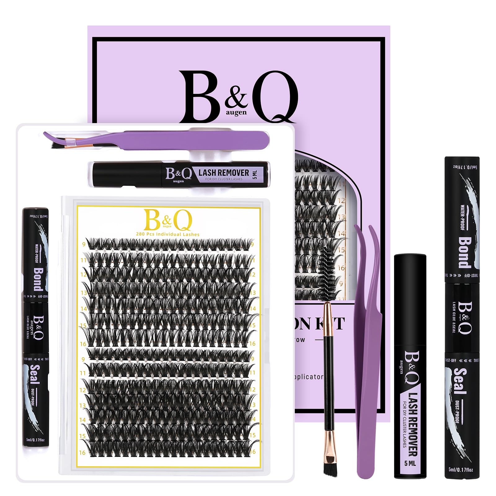 BQaugen Lash Clusters Kit – 280PCS DIY Eyelash Extensions (40D+50D) with Bond, Seal & Remover