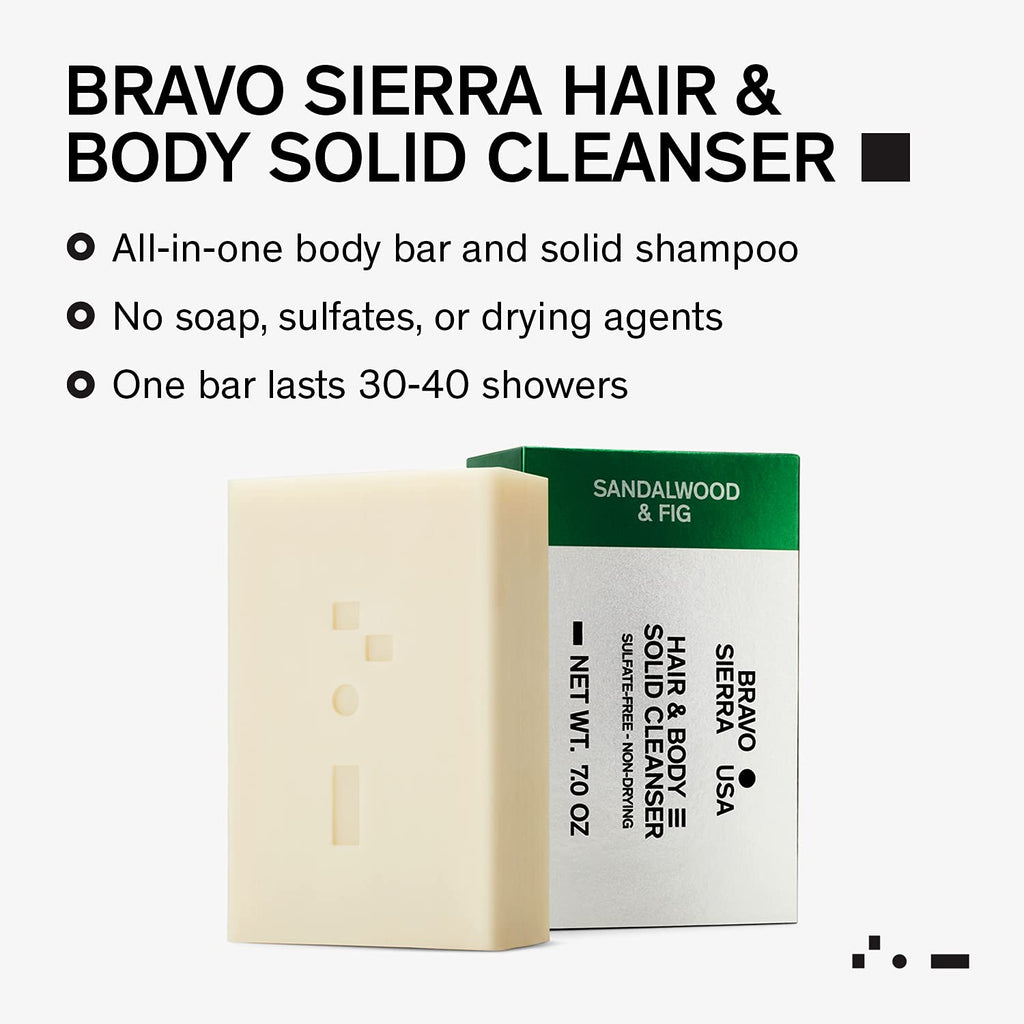 Bravo Sierra Body and Hair Solid Cleanser – Sandalwood and Fig, 7 oz | All-In-One Bar