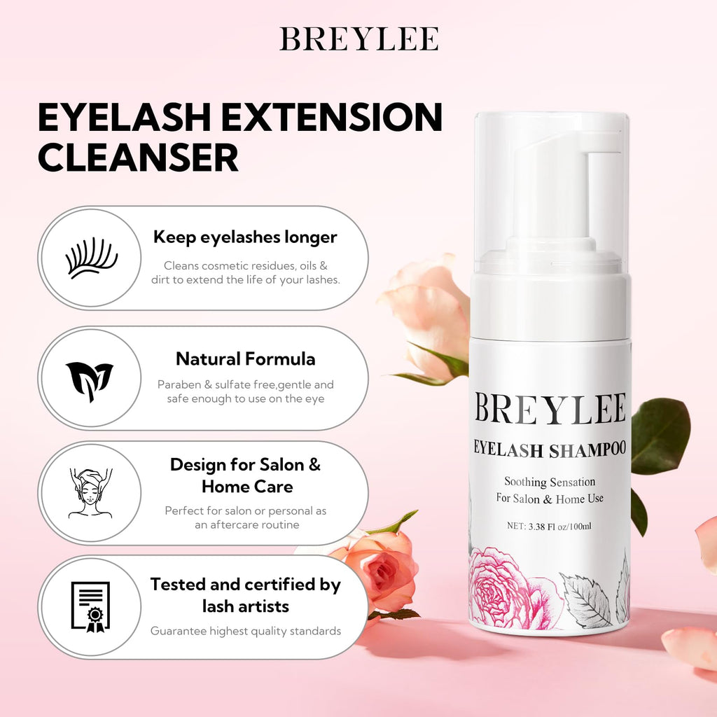 BREYLEE 100 ml Lash Shampoo Kit for Lash Extensions – Cleanse, Dry, and Care for Salon or Home Use