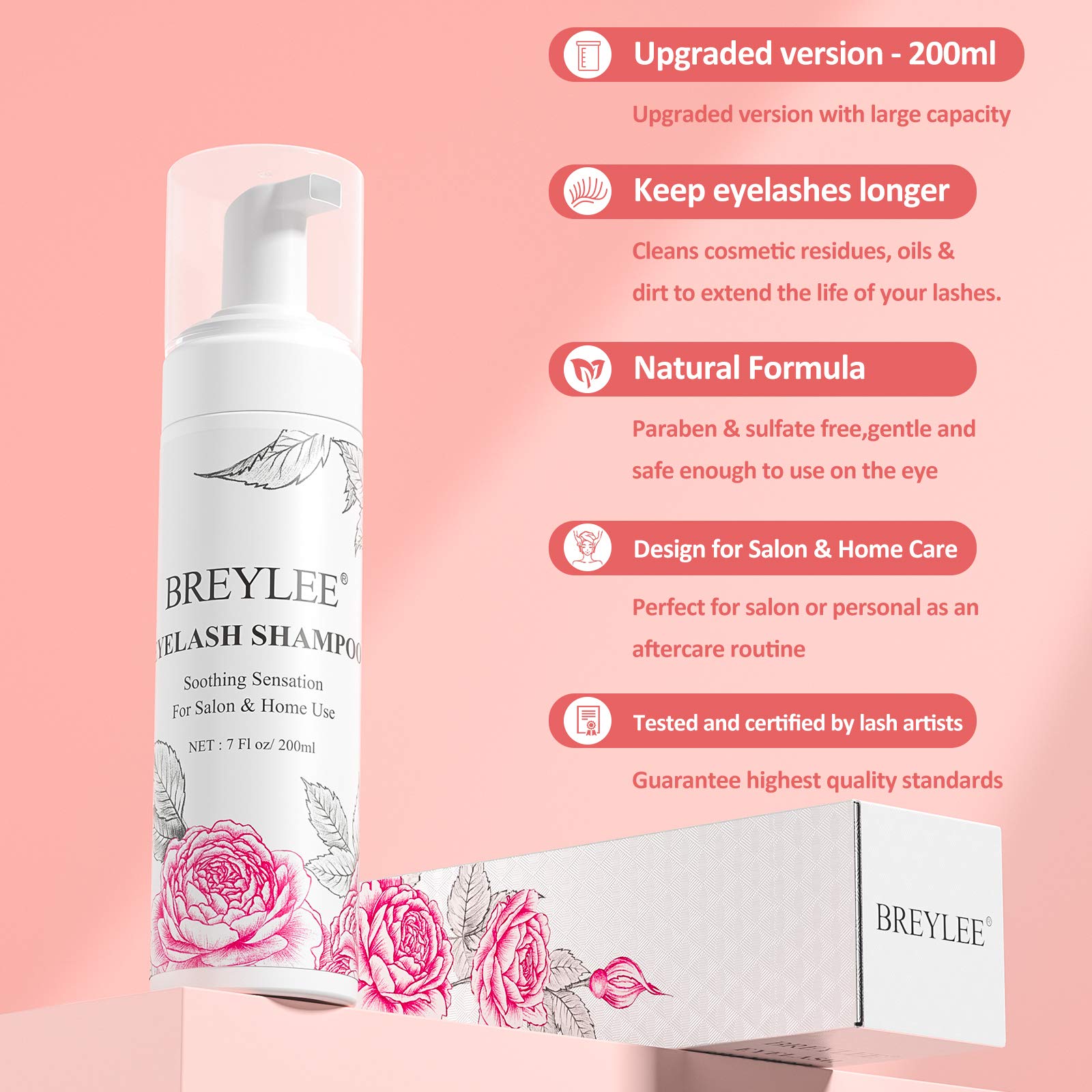 BREYLEE Eyelash Extension Cleanser | 200ml Foam Shampoo with Brush for Salon & Home Use