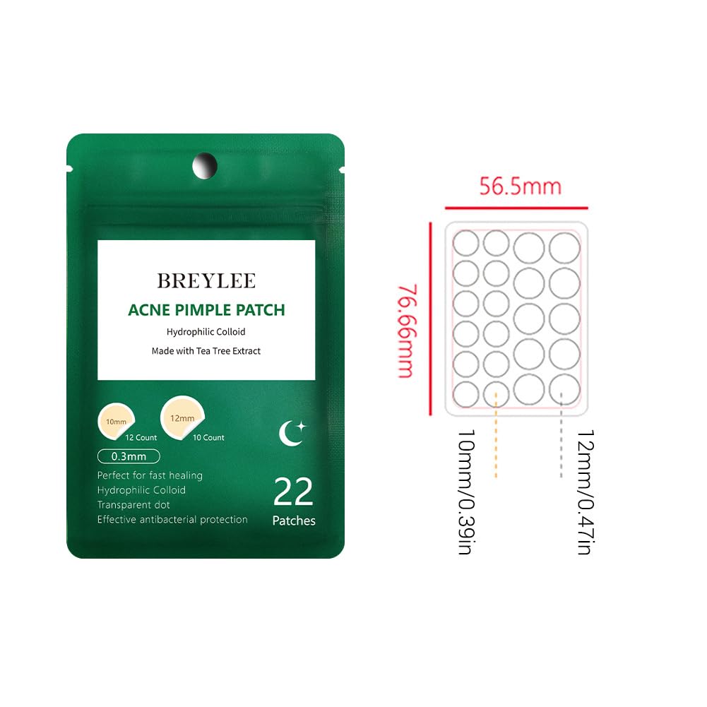BREYLEE Tea Tree Acne Patches | Hydrocolloid Pimple Dots (3 Pack, 66 Count)