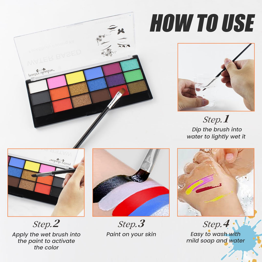 BRIMFULITE Face Painting Kit – 18 Color Water-Activated Pigments, 10 Brushes, Non-Toxic & Washable