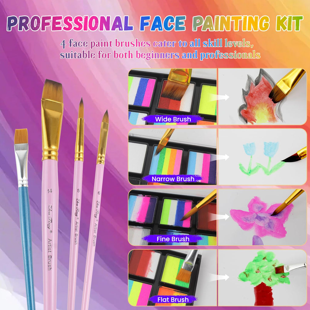 BRIMFULITE Water Activated Face Paint Kit – Highly Pigmented Split Cake with 4 Brushes