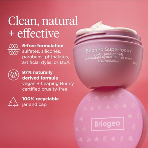 Briogeo Superfoods Acai + Passionfruit Lightweight Hydration Hair Mask – Deep Conditioner for Fine Hair, 2 oz | Vegan & Cruelty-Free