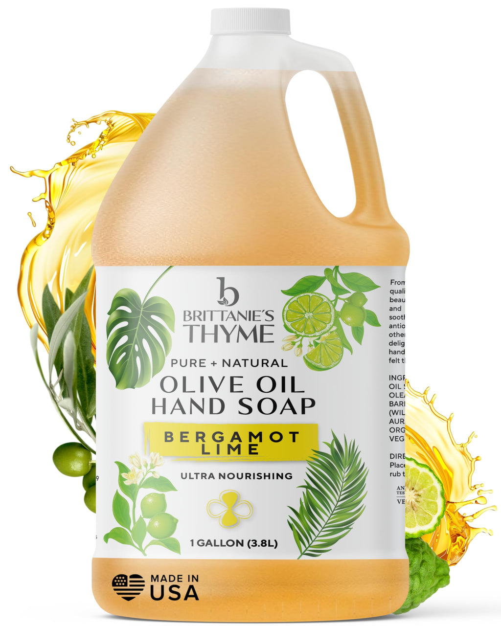 Brittanie's Bergamot Lime Pure Castile Olive Oil Liquid Soap – 1 Gallon, Vegan, Sulfate-Free, Multi-Purpose