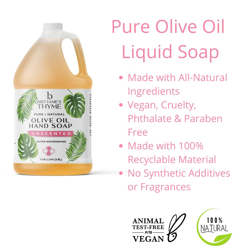 Brittanie's Thyme Castile Soap Refill Unscented 1 Gal – Multi-Use Face, Body, Dishes & Laundry