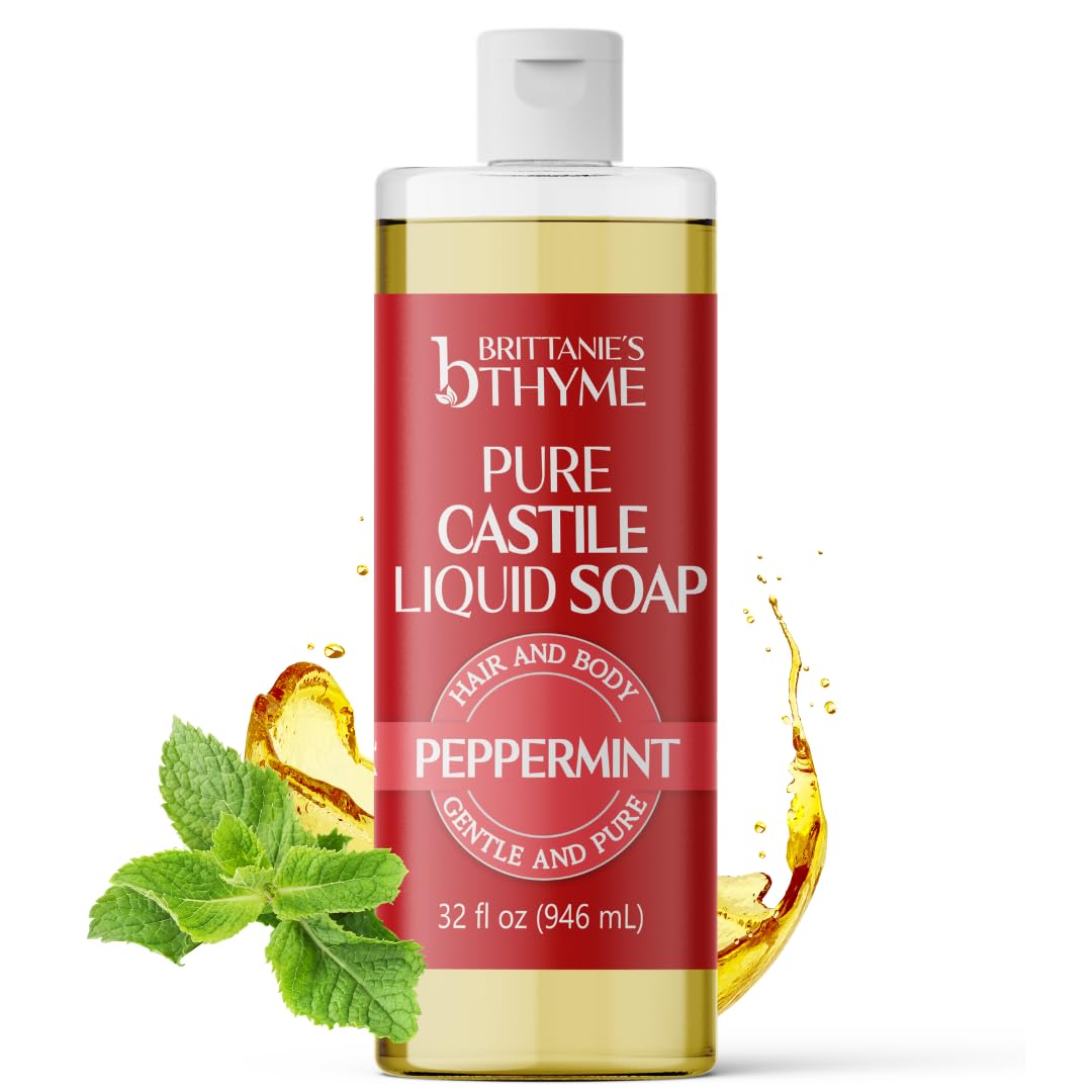 Brittanie's Thyme Pure Castile Liquid Soap Refill Peppermint, 32oz – Gentle, Nourishing Cleanser for Hands, Hair & Body