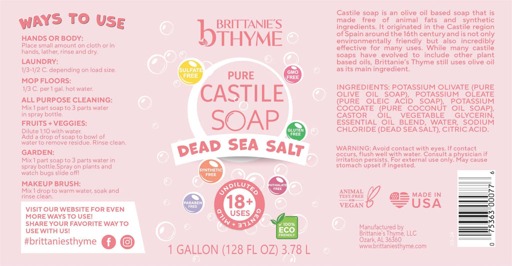 Brittanie's Thyme Pure Organic Castile Soap Refill with Dead Sea Salt – 1 Gallon, Vegan, Gluten Free, Non-GMO