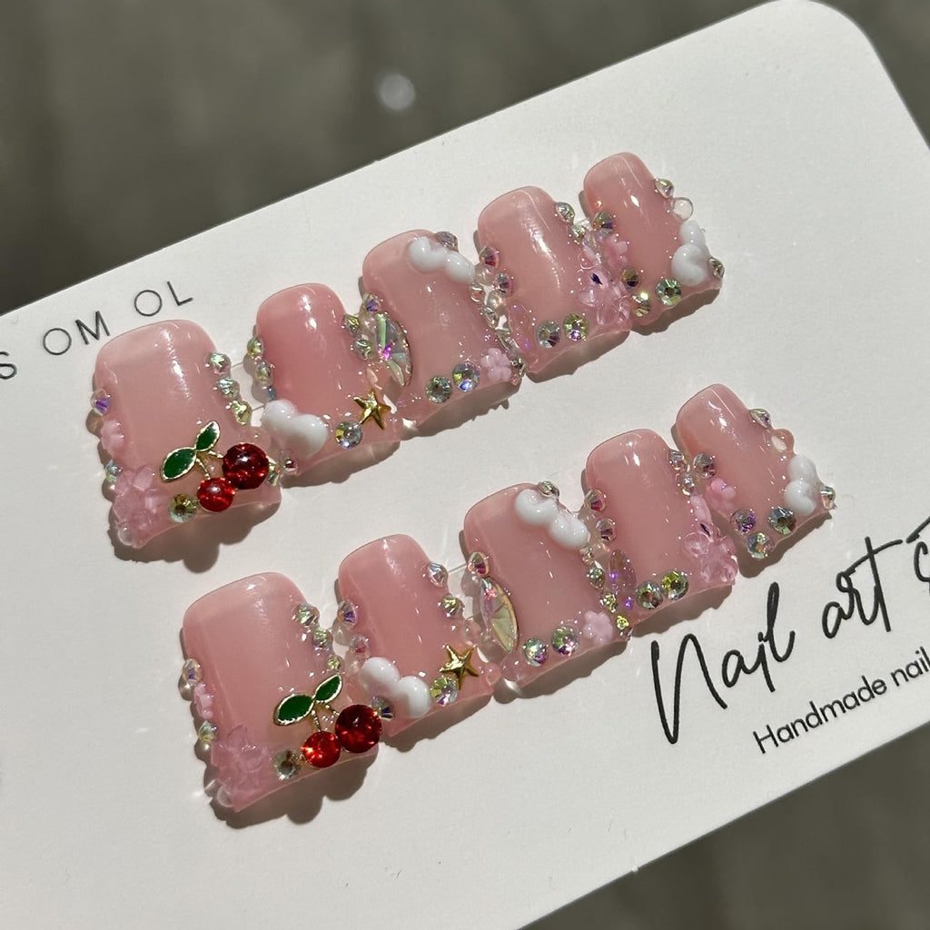 BRKYKGK Handmade Press on Nails – Short Duck French Tip, 3D Floral with Cherry Rhinestones (10 Pcs)