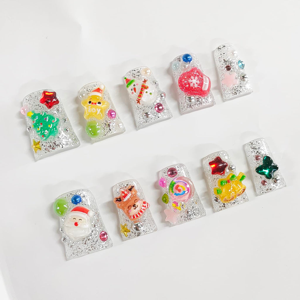 BRKYKGK Christmas Press-On Nails – Short Duck 3D Acrylic Glitter, Christmas Tree & Santa, 10Pcs (S)