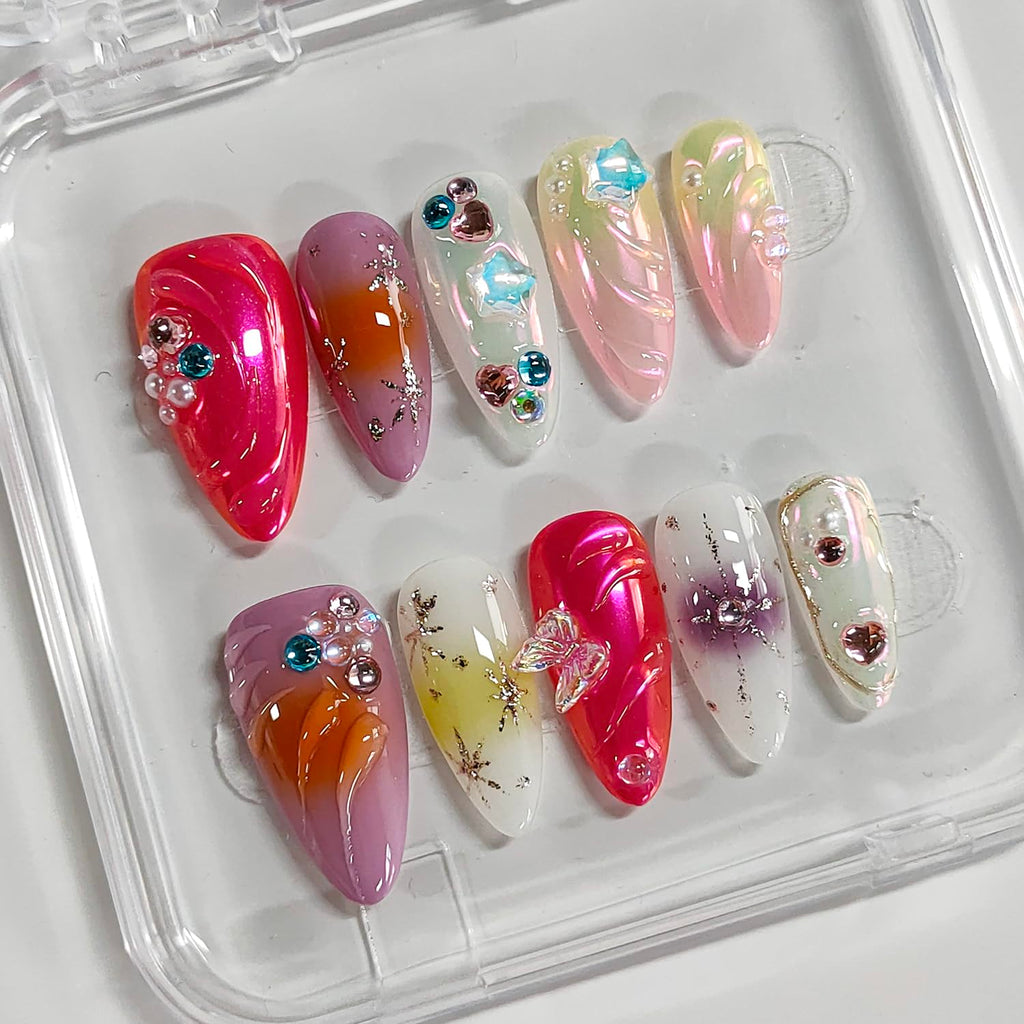 BRKYKGK Handmade Almond Medium Press-On Nails – 3D Thick Acrylic with Butterfly Rhinestones