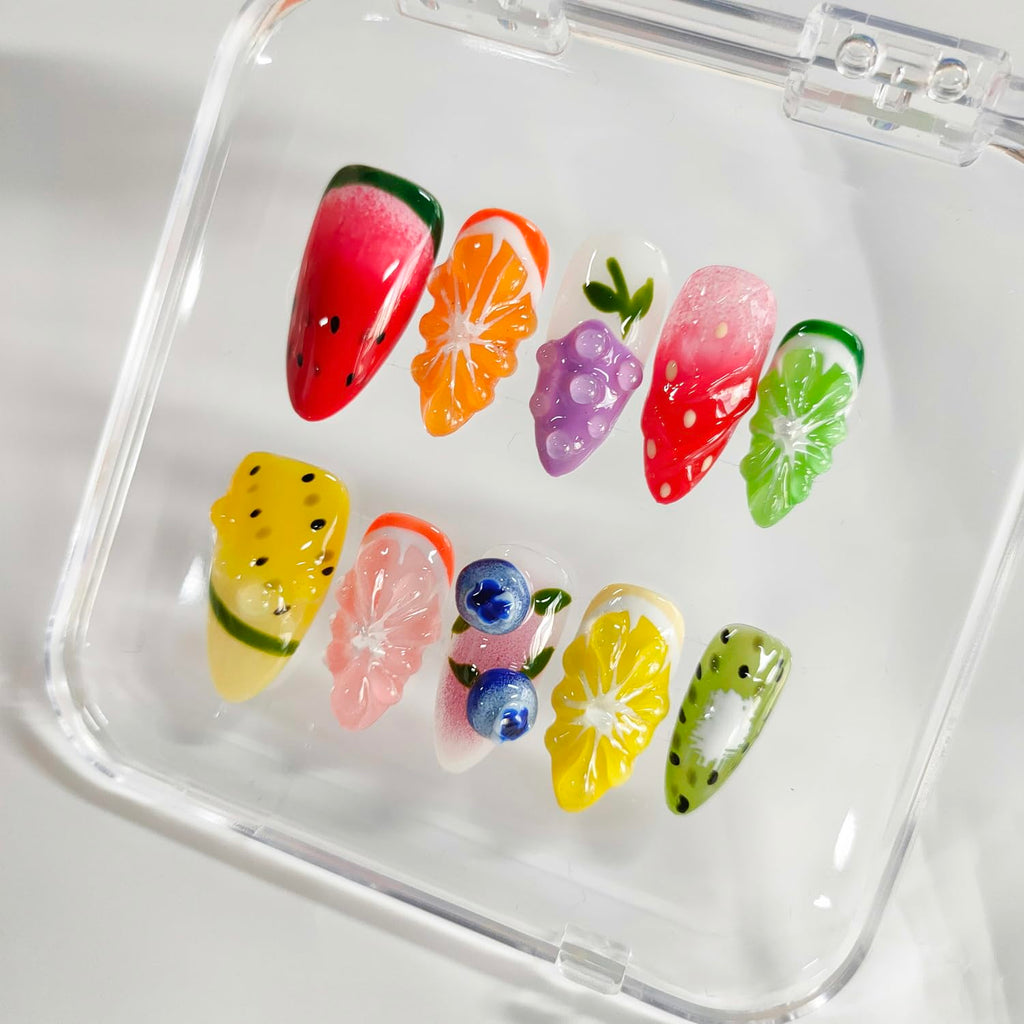 BRKYKGK Handmade Nails – 3D Fruit Almond Press-On Nails | Medium Length, Colorful Summer Nail Art