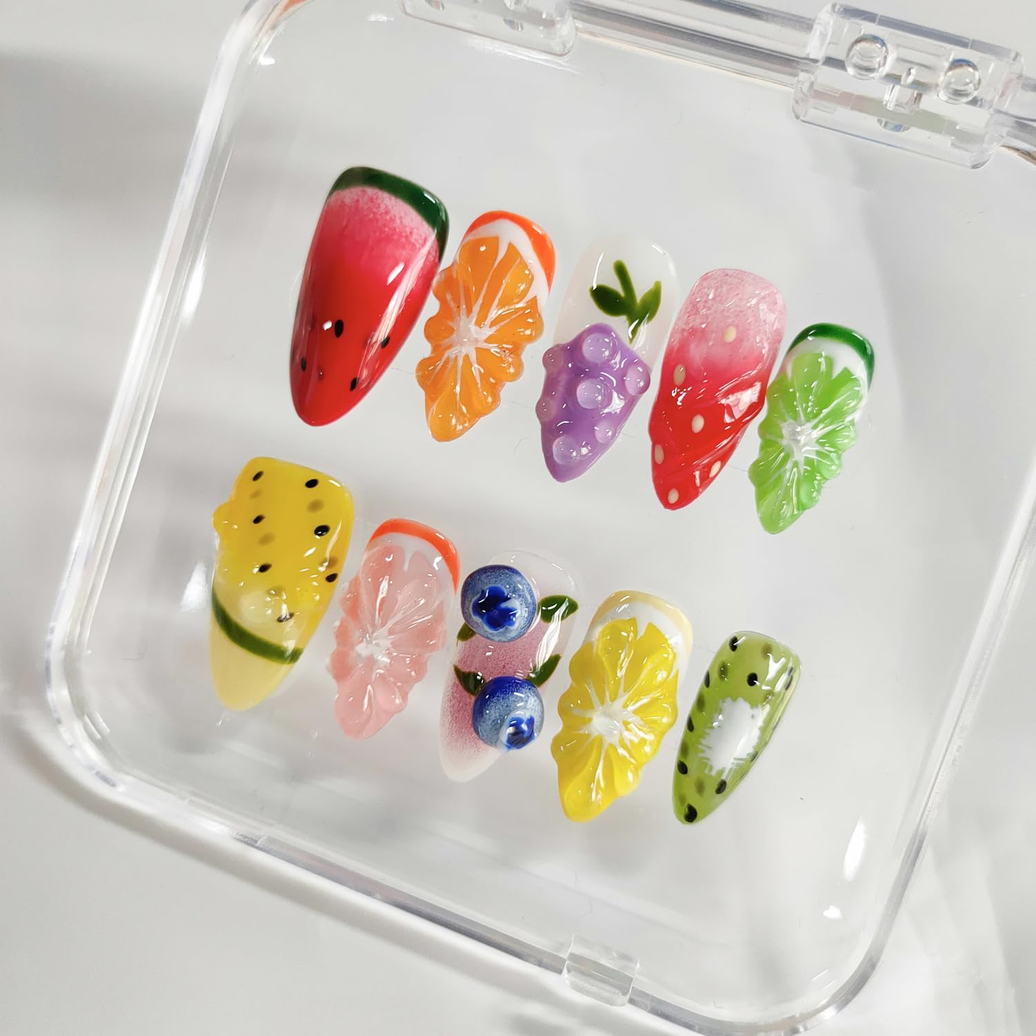 BRKYKGK Handmade Nails – 3D Fruit Almond Press-On Nails | Medium Length, Colorful Summer Nail Art